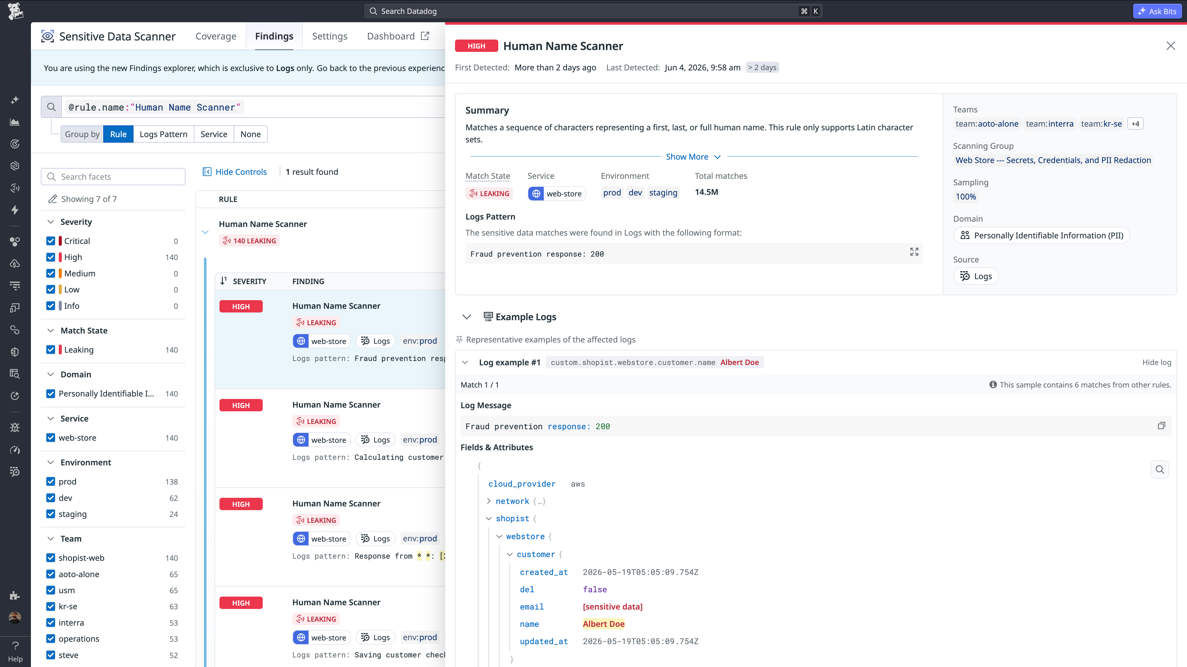 Leaks of sensitive data surfaced in the Sensitive Data Scanner Findings Explorer.