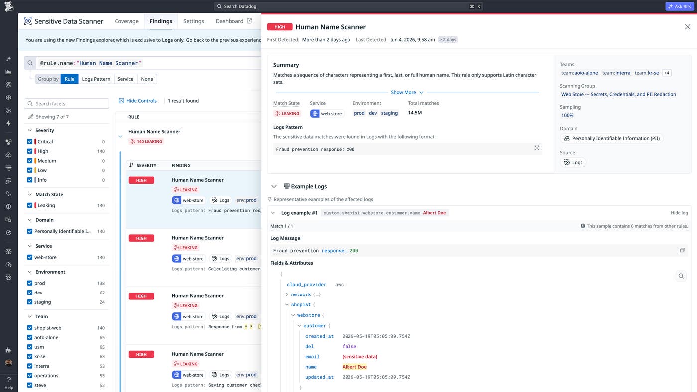 Leaks of sensitive data surfaced in the Sensitive Data Scanner Findings Explorer. Leaks of sensitive data surfaced in the Sensitive Data Scanner Findings Explorer.