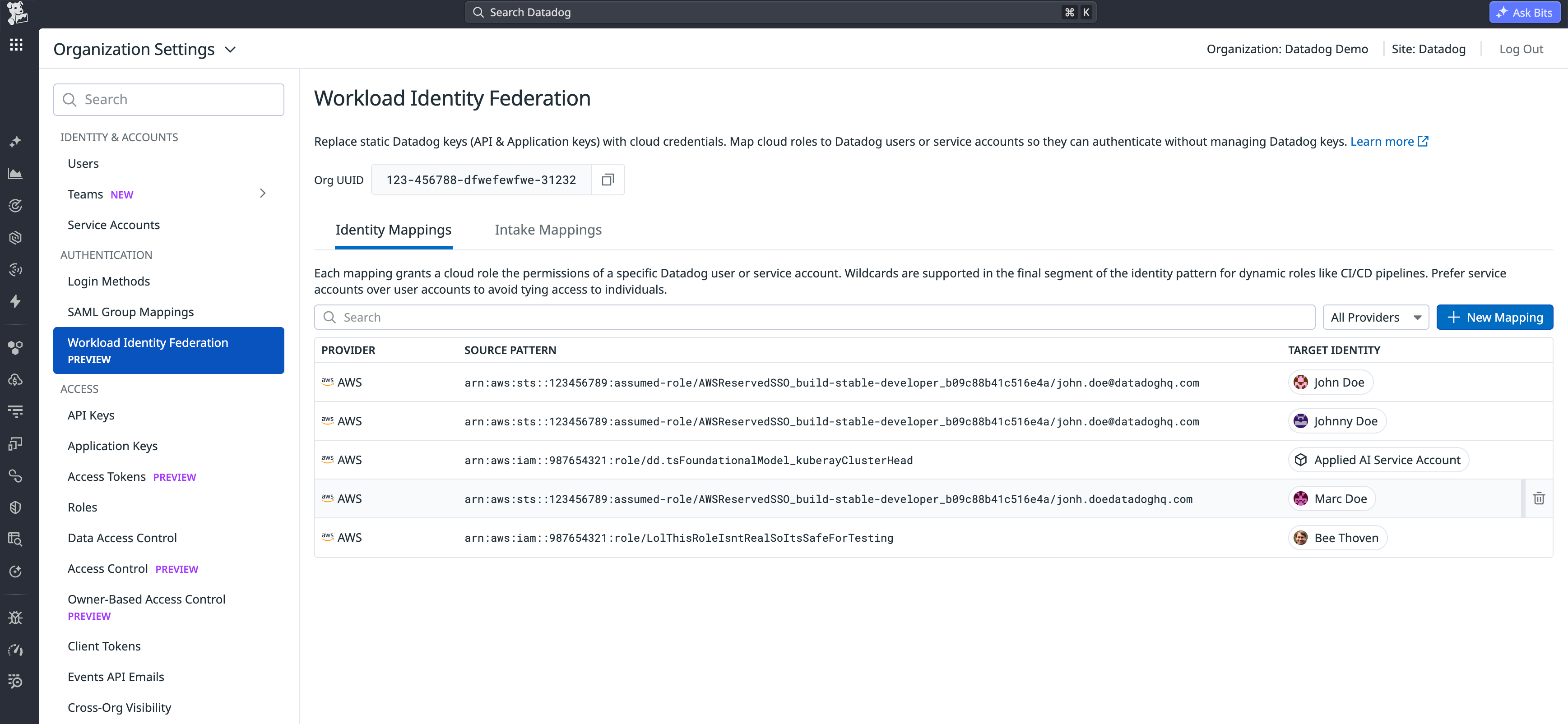A view showing Datadog’s new API authentication methods for specific credential types.