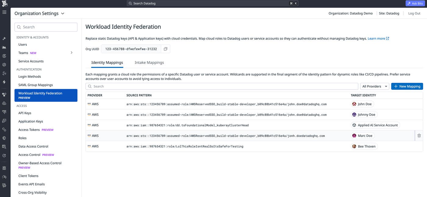 A view showing Datadog’s new API authentication methods for specific credential types. A view showing Datadog’s new API authentication methods for specific credential types.