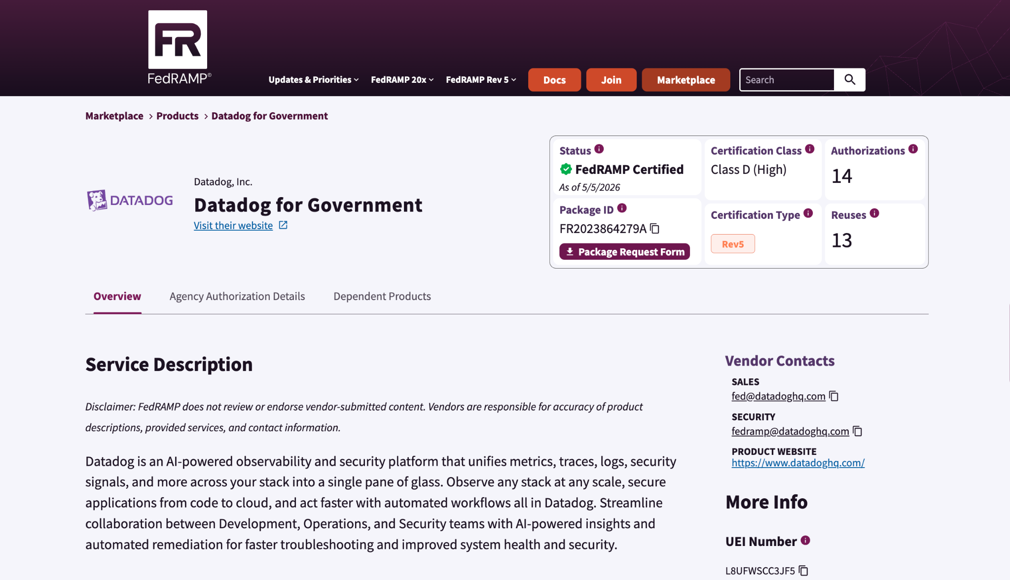 FedRAMP web page showing Datadog as a FedRAMP High certified vendor.