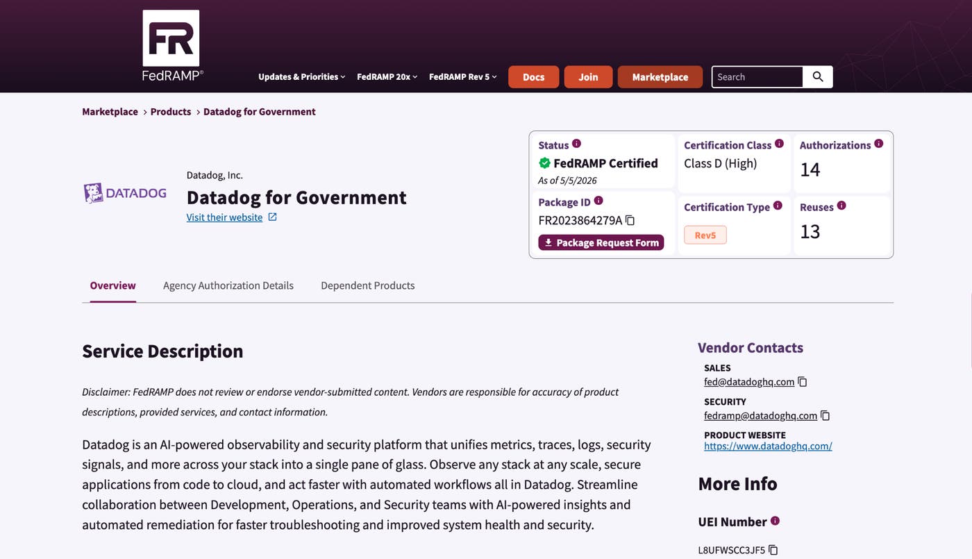 FedRAMP web page showing Datadog as a FedRAMP High certified vendor. FedRAMP web page showing Datadog as a FedRAMP High certified vendor.