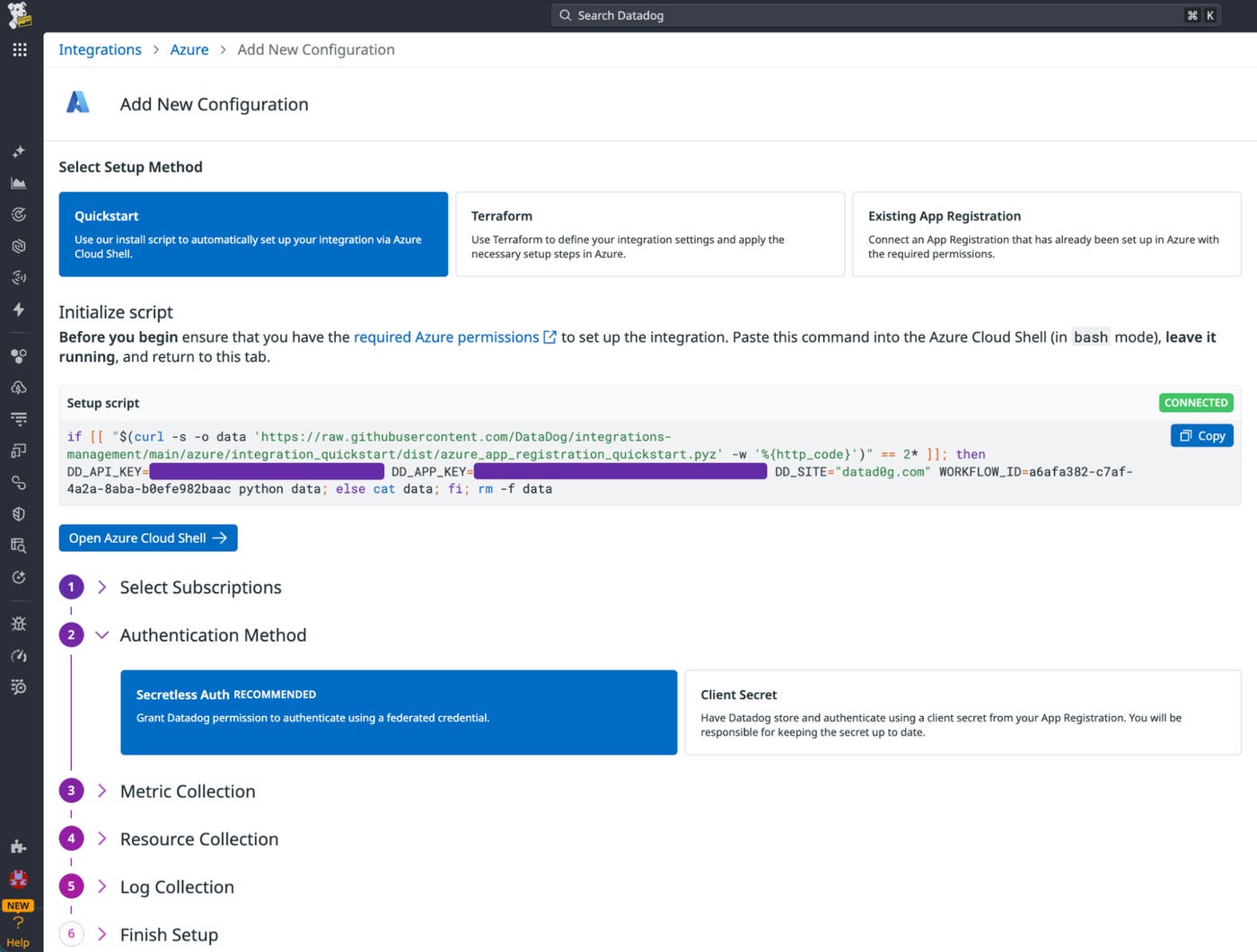 The Azure integration configuration page in Datadog showing Secretless Auth selected as the recommended authentication method. The Azure integration configuration page in Datadog showing Secretless Auth selected as the recommended authentication method.