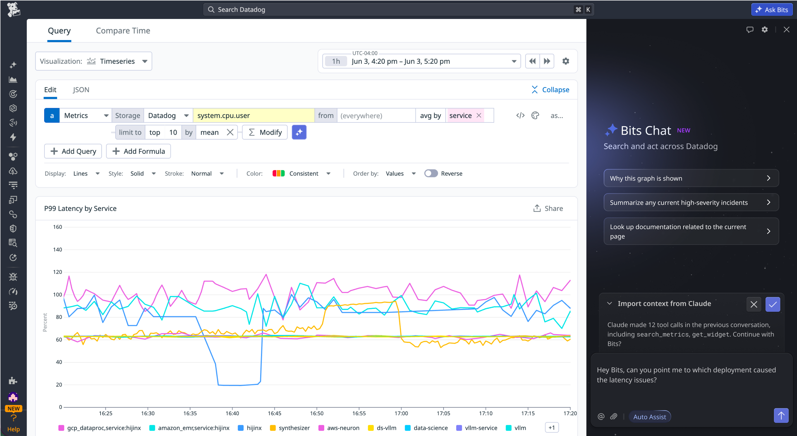 Import context from your Claude conversation into Datadog with Bits Chat.