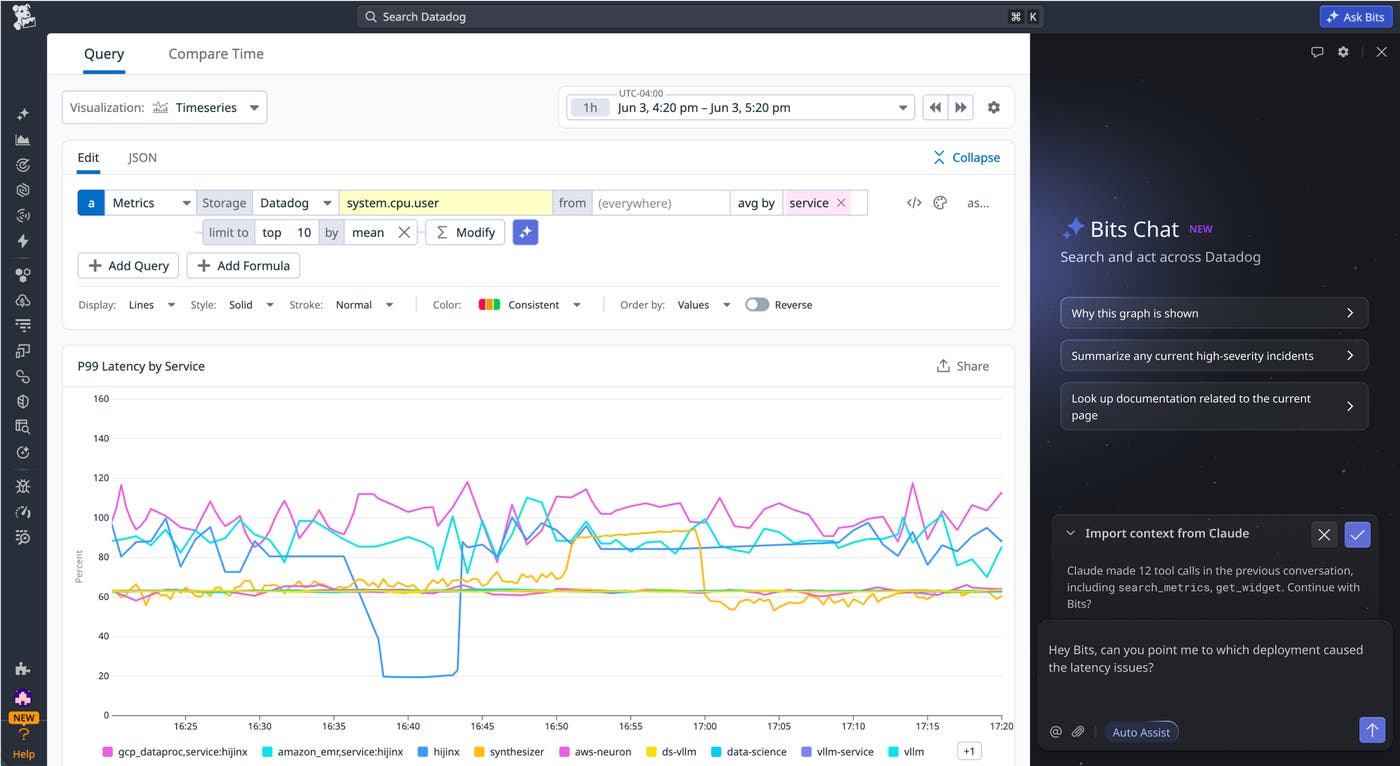Import context from your Claude conversation into Datadog with Bits Chat. Import context from your Claude conversation into Datadog with Bits Chat.