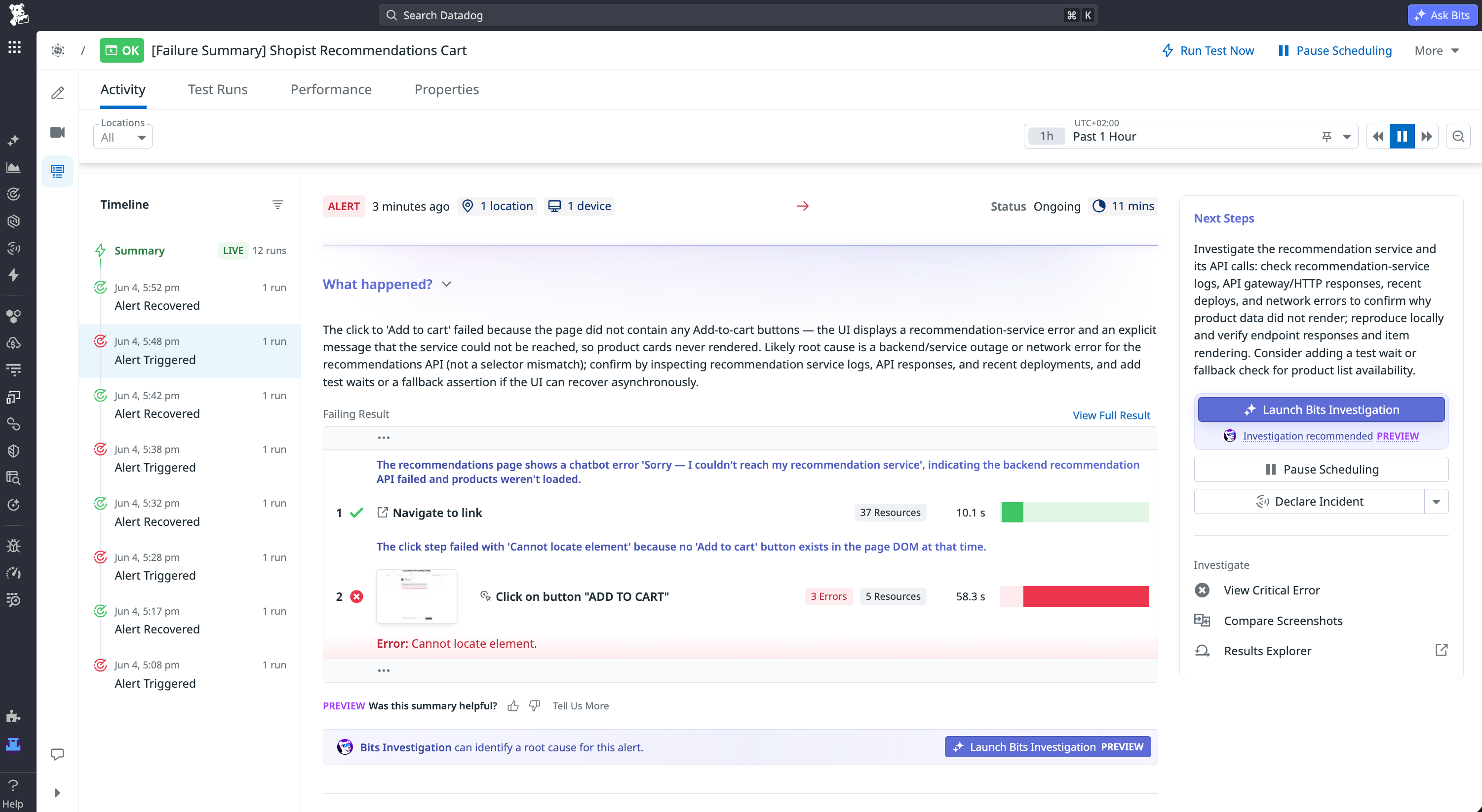 Datadog AI failure summary classifying a Synthetic Browser test failure at checkout as a backend/service issue and suggesting launching a Bits Investigation.