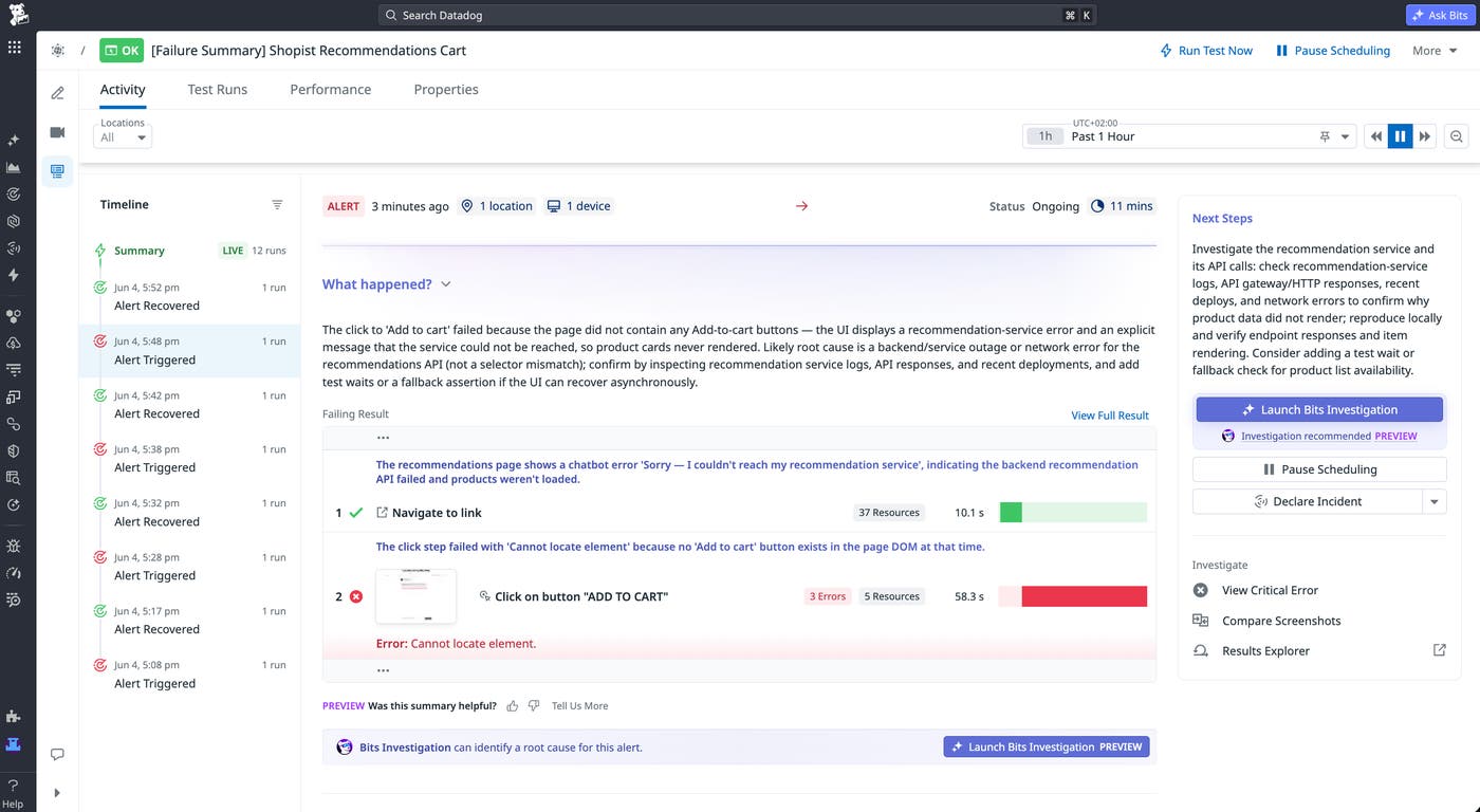 Datadog AI failure summary classifying a Synthetic Browser test failure at checkout as a backend/service issue and suggesting launching a Bits Investigation. Datadog AI failure summary classifying a Synthetic Browser test failure at checkout as a backend/service issue and suggesting launching a Bits Investigation.