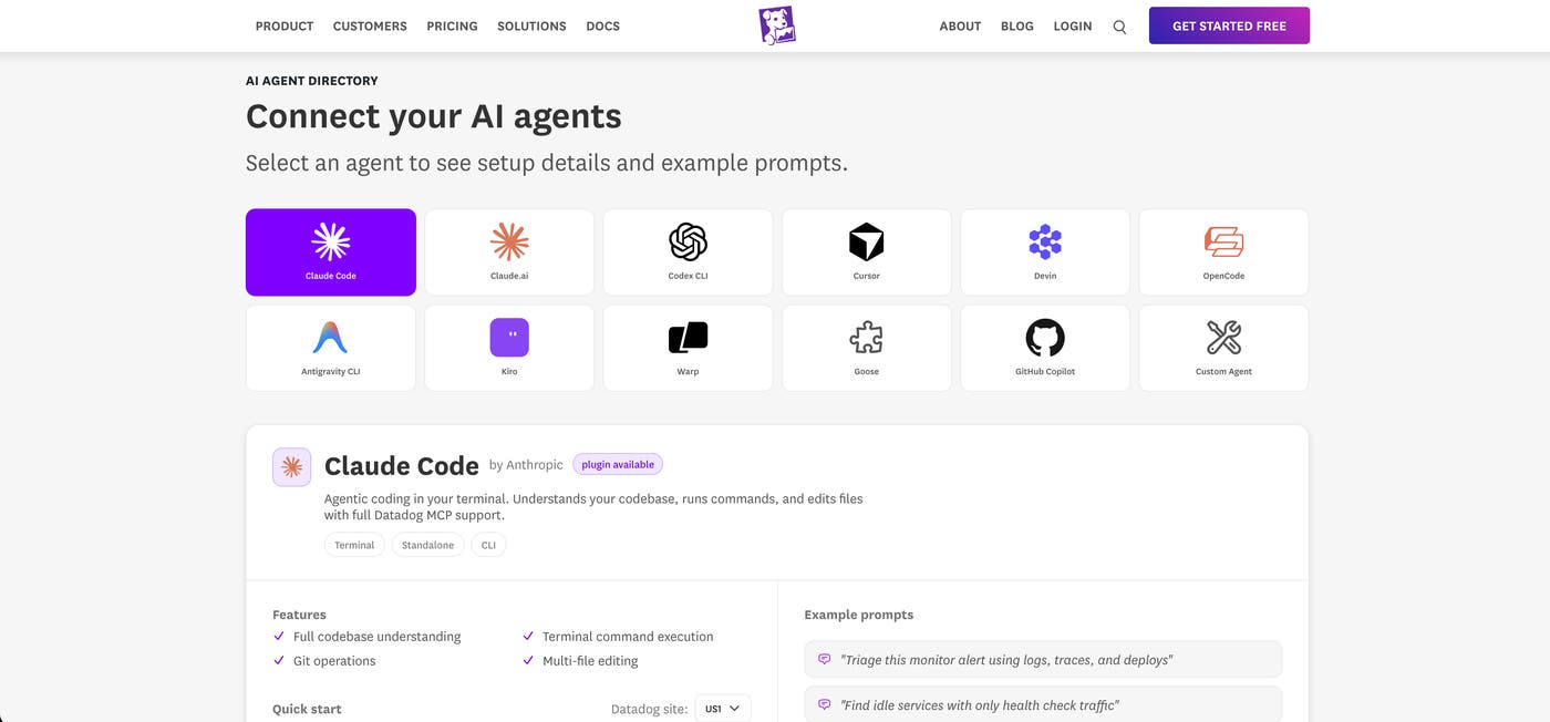 The Datadog AI Agent Directory with options to connect Claude Code, Claude Desktop, Cursor, Codex, and other supported AI agent platforms. The Datadog AI Agent Directory with options to connect Claude Code, Claude Desktop, Cursor, Codex, and other supported AI agent platforms.