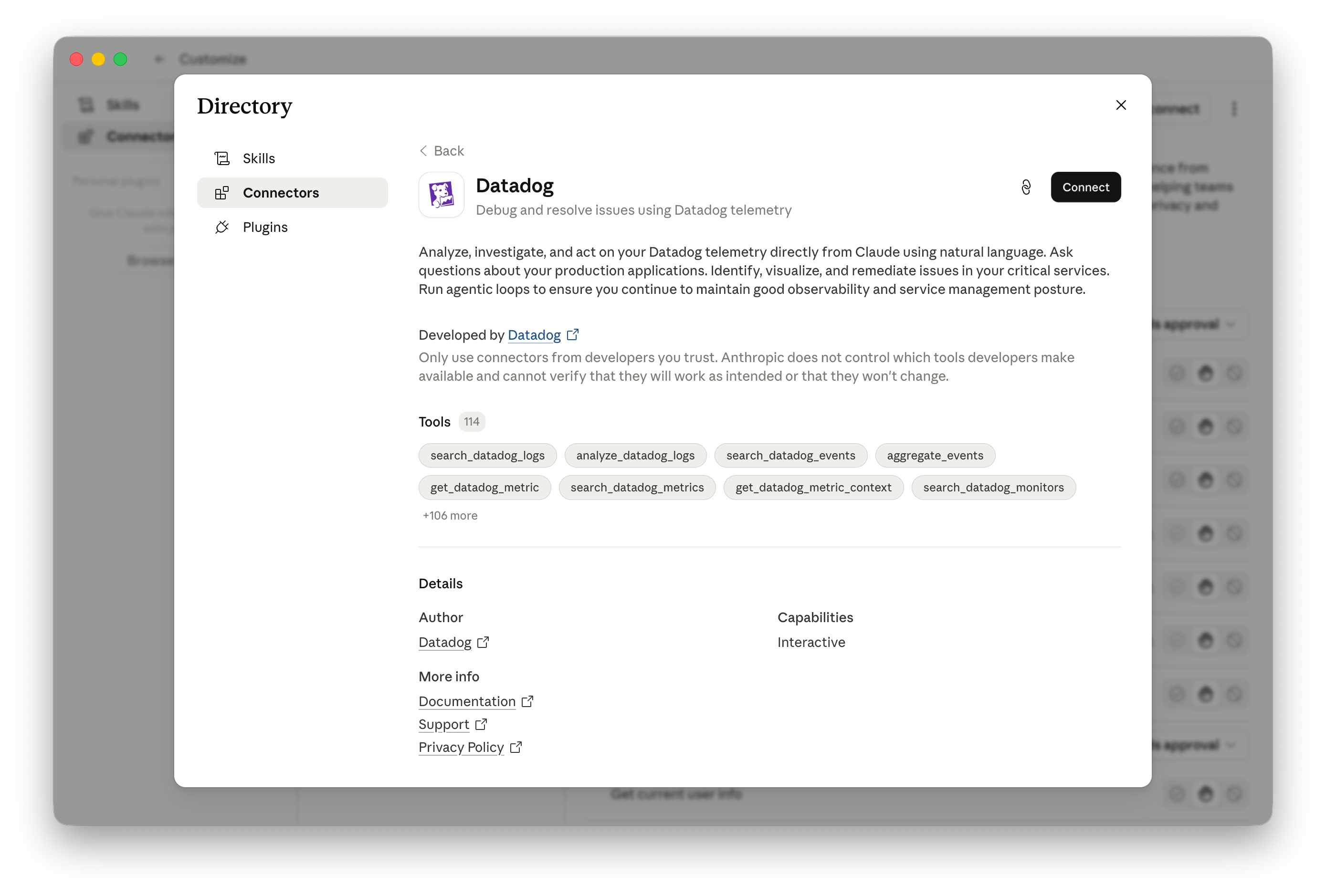 Datadog connector listing in the Claude Desktop Directory, showing available MCP tools including log search, metric queries, and monitor status checks.