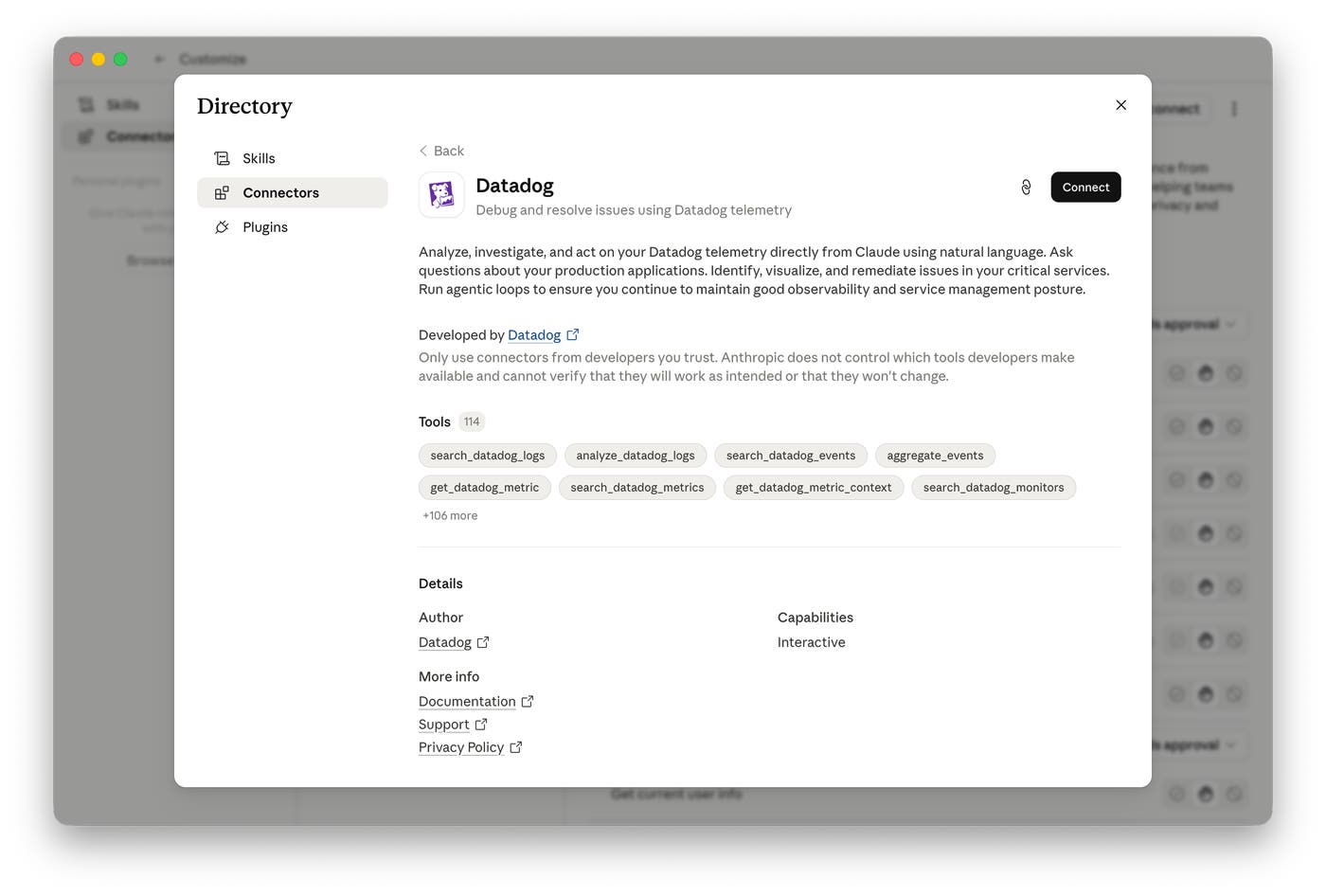 Datadog connector listing in the Claude Desktop Directory, showing available MCP tools including log search, metric queries, and monitor status checks. Datadog connector listing in the Claude Desktop Directory, showing available MCP tools including log search, metric queries, and monitor status checks.