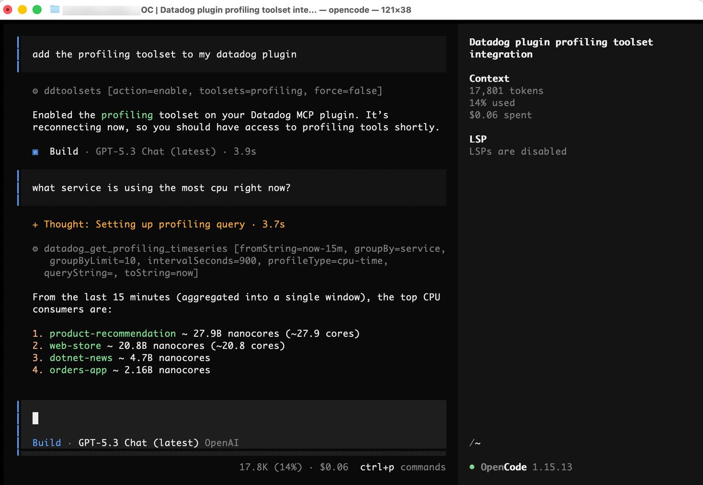 OpenCode terminal showing the Datadog profiling toolset enabled and a CPU usage query returning the top services by consumption. OpenCode terminal showing the Datadog profiling toolset enabled and a CPU usage query returning the top services by consumption.