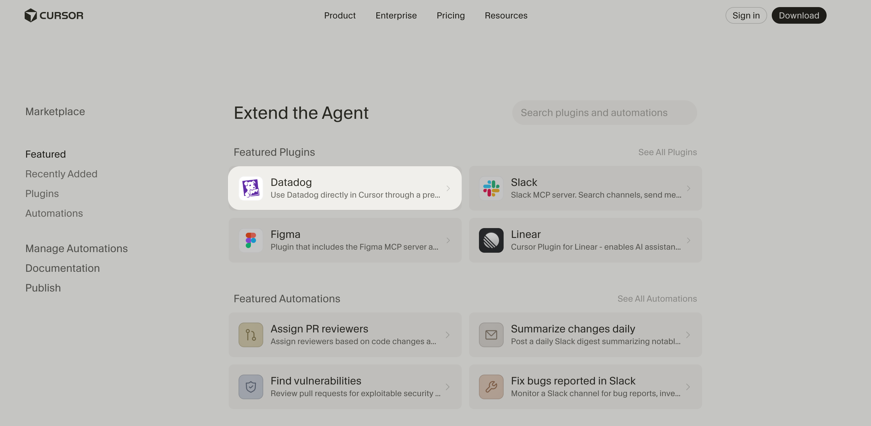 Datadog listed as a featured plugin in the Cursor Marketplace, alongside other MCP-powered integrations.