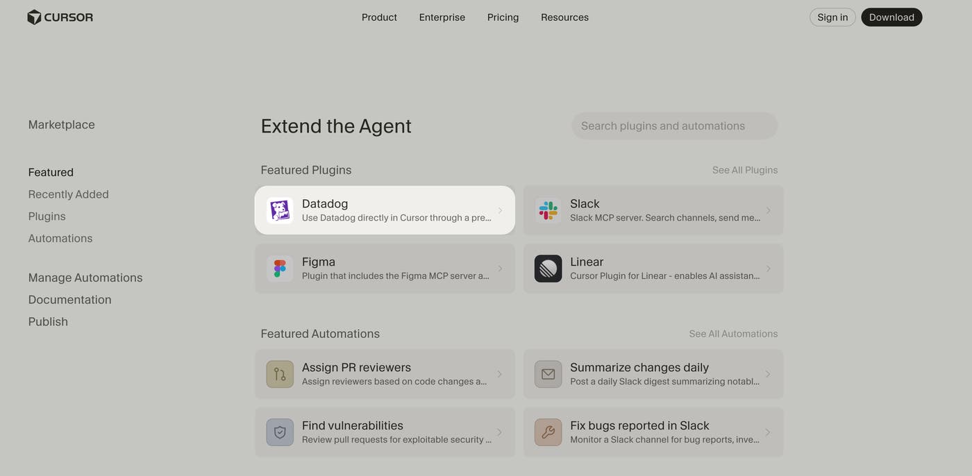 Datadog listed as a featured plugin in the Cursor Marketplace, alongside other MCP-powered integrations. Datadog listed as a featured plugin in the Cursor Marketplace, alongside other MCP-powered integrations.