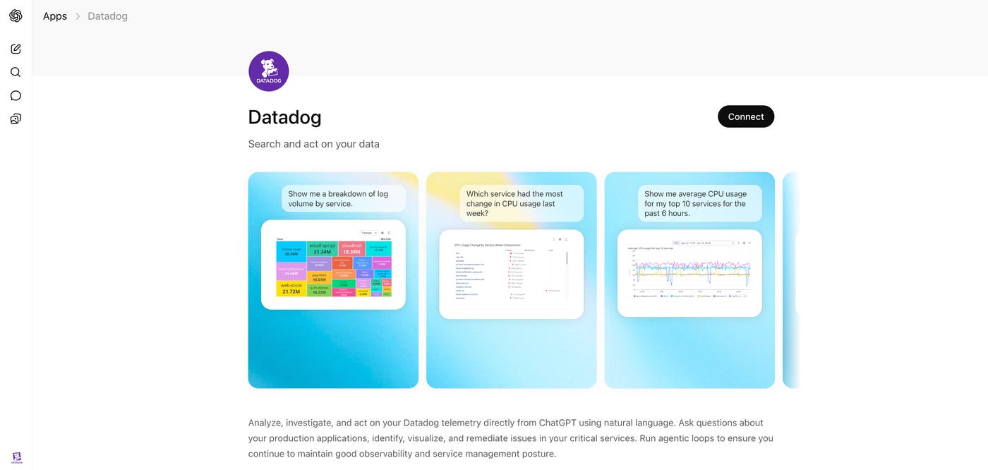 Datadog app in the ChatGPT plugin marketplace, showing example prompts for querying log volume, CPU usage changes, and service metrics. Datadog app in the ChatGPT plugin marketplace, showing example prompts for querying log volume, CPU usage changes, and service metrics.