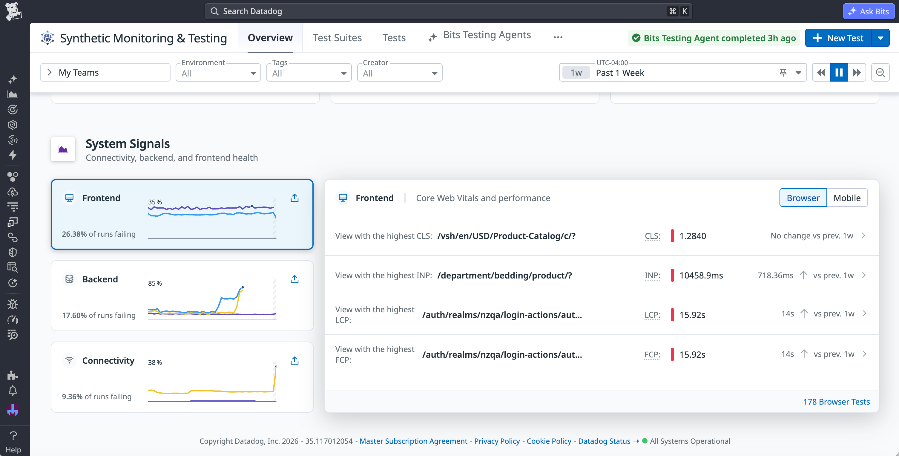 System Signals view displaying connectivity, backend, and frontend performance signals, with SSL certificate expiration and high-latency hosts flagged in the connectivity section.