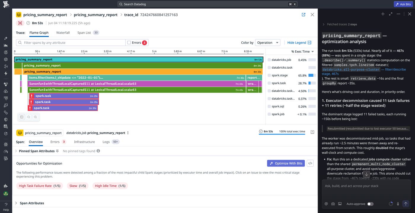 Jobs Monitoring trace view with Bits analyzing a slow Spark job and recommending optimization opportunities. Jobs Monitoring trace view with Bits analyzing a slow Spark job and recommending optimization opportunities.