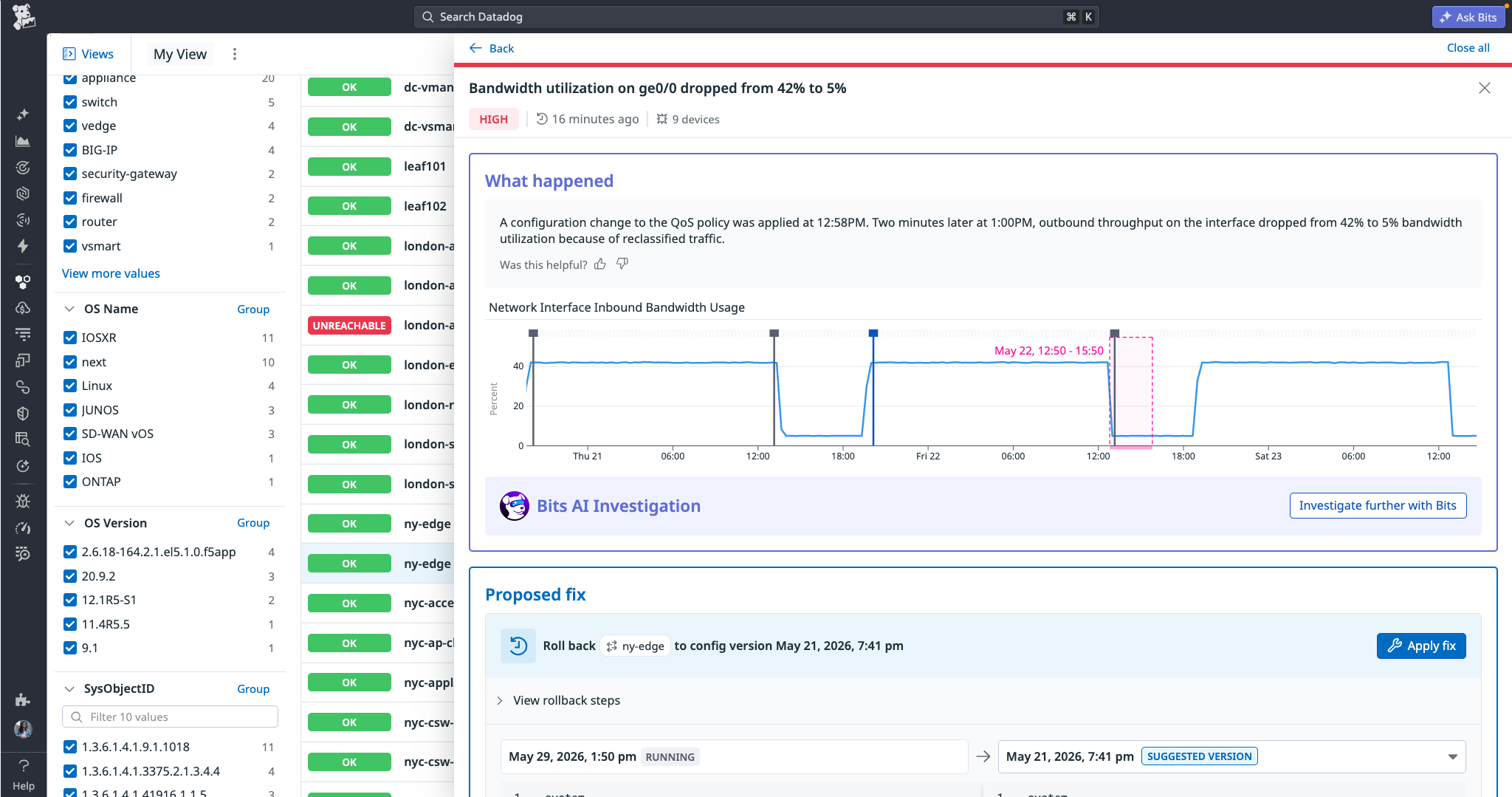 A view of Datadog Network Device Health correlating signals across network devices.