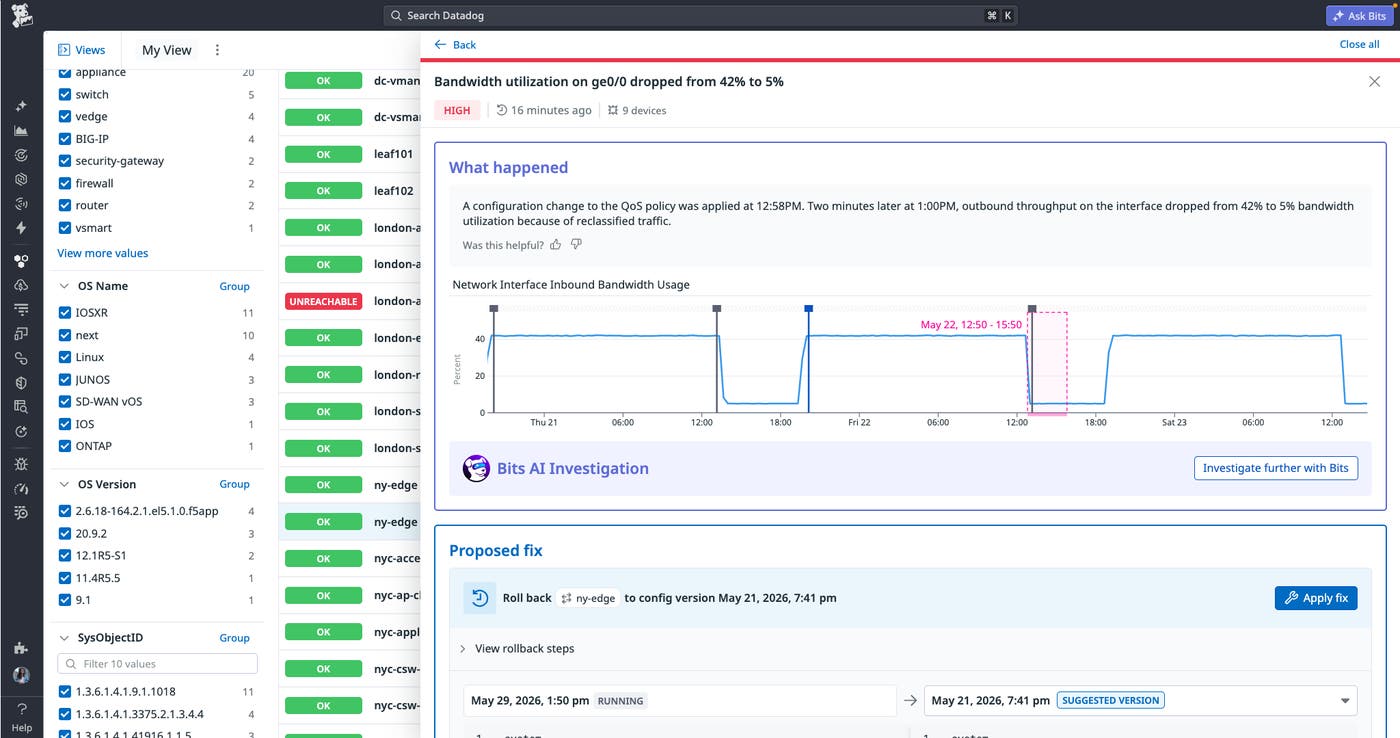 A view of Datadog Network Device Health correlating signals across network devices. A view of Datadog Network Device Health correlating signals across network devices.