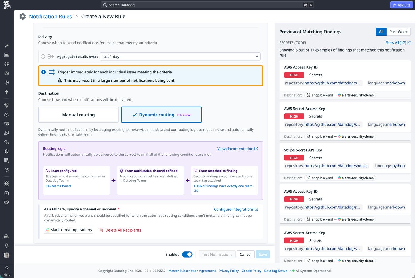 A view showing dynamic routing of security findings to the Datadog Team that needs them. A view showing dynamic routing of security findings to the Datadog Team that needs them.
