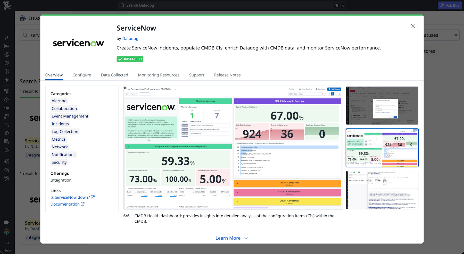 Datadog’s ServiceNow integration showing a sample dashboard that provides visibility and insights into the configuration items within a CMDB.