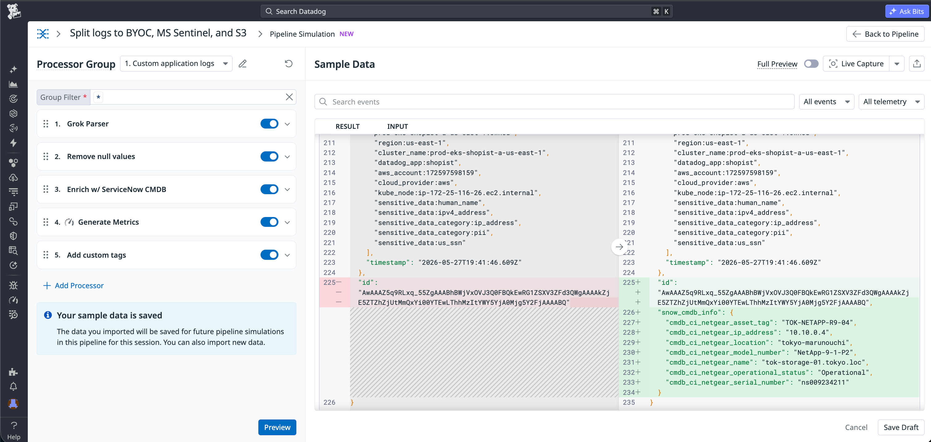 Datadog Auto-Processing detecting unparsed custom application logs and generating Grok parsing rules with a matched log sample and parsed JSON preview.