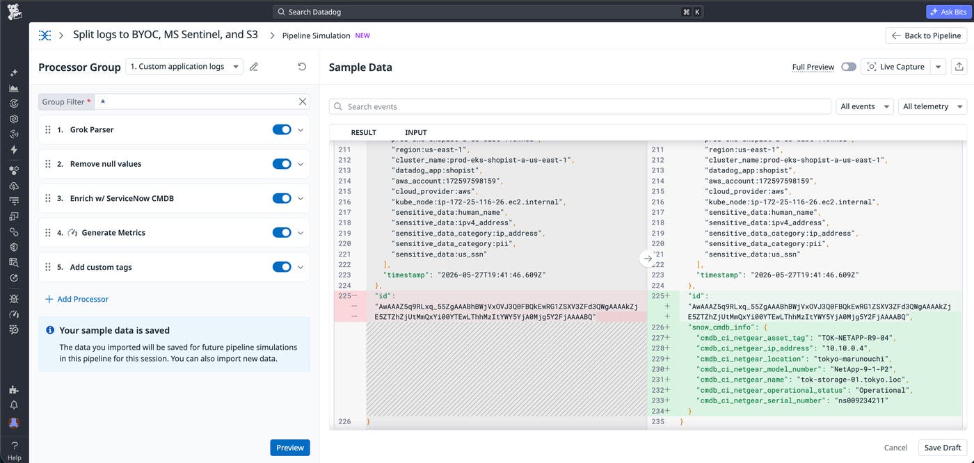 Datadog Auto-Processing detecting unparsed custom application logs and generating Grok parsing rules with a matched log sample and parsed JSON preview. Datadog Auto-Processing detecting unparsed custom application logs and generating Grok parsing rules with a matched log sample and parsed JSON preview.