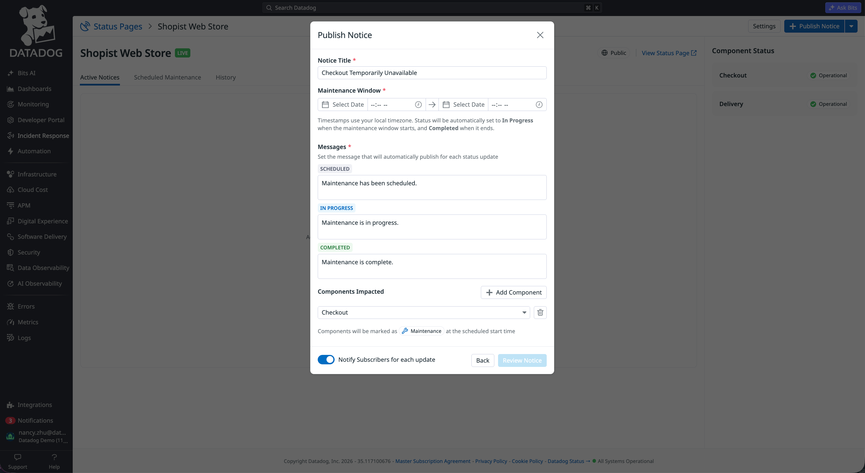A view showing how users can schedule and communicate downtime with a Datadog Status page.
