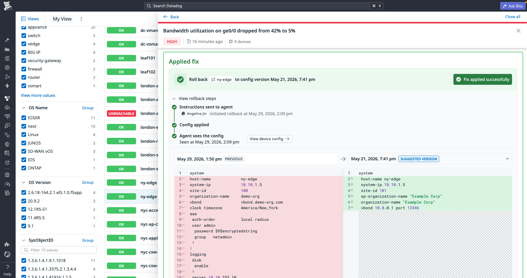 A Network Configuration Management view showing a trace as it moves through a specific config instruction.