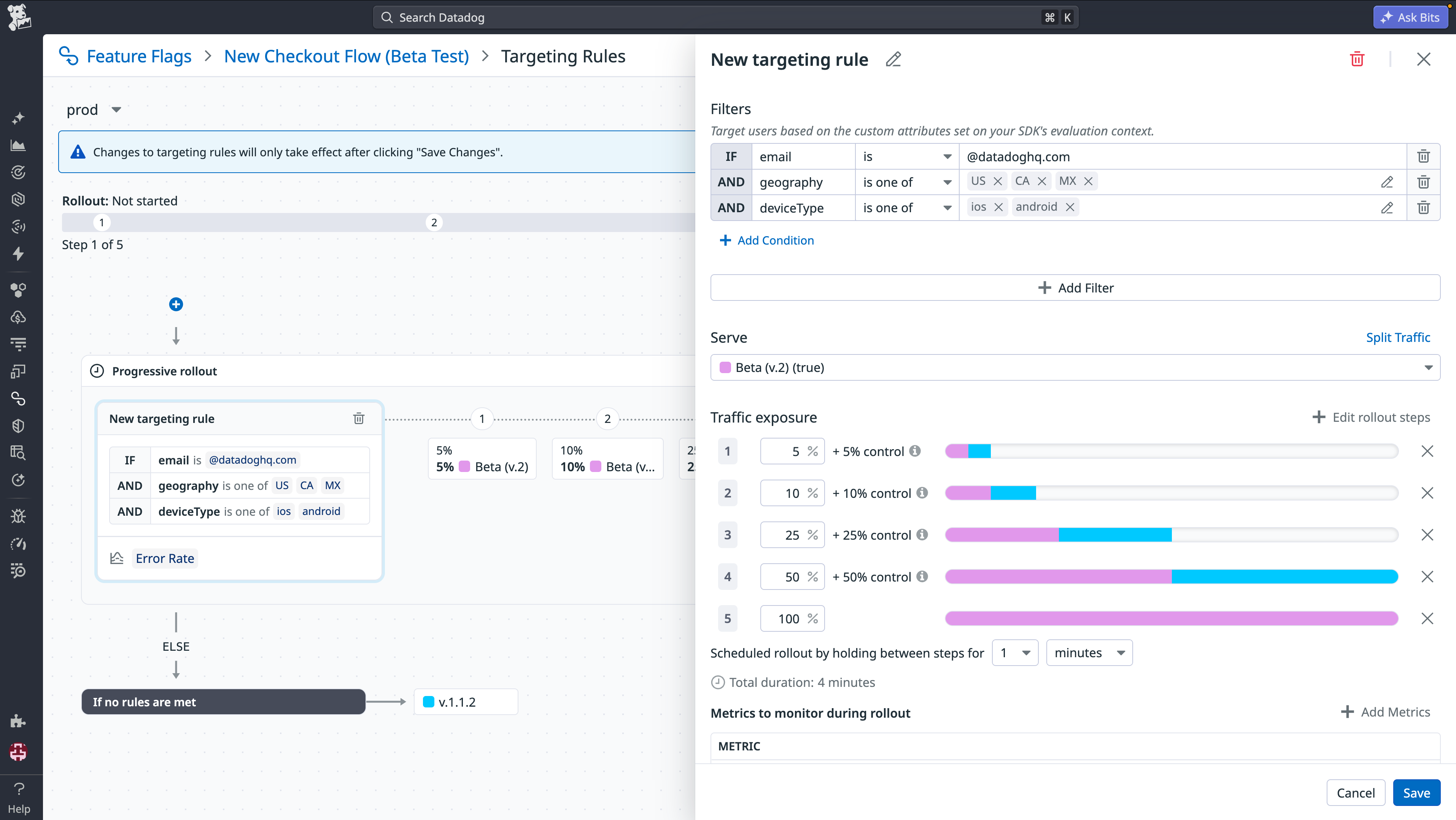 A view showing the creation and monitoring of targeting rules for a feature flag in Datadog.