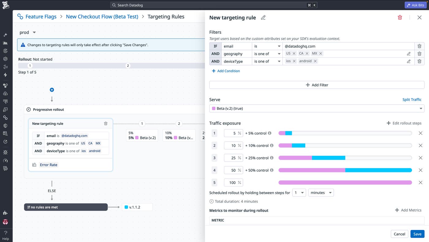 A view showing the creation and monitoring of targeting rules for a feature flag in Datadog. A view showing the creation and monitoring of targeting rules for a feature flag in Datadog.