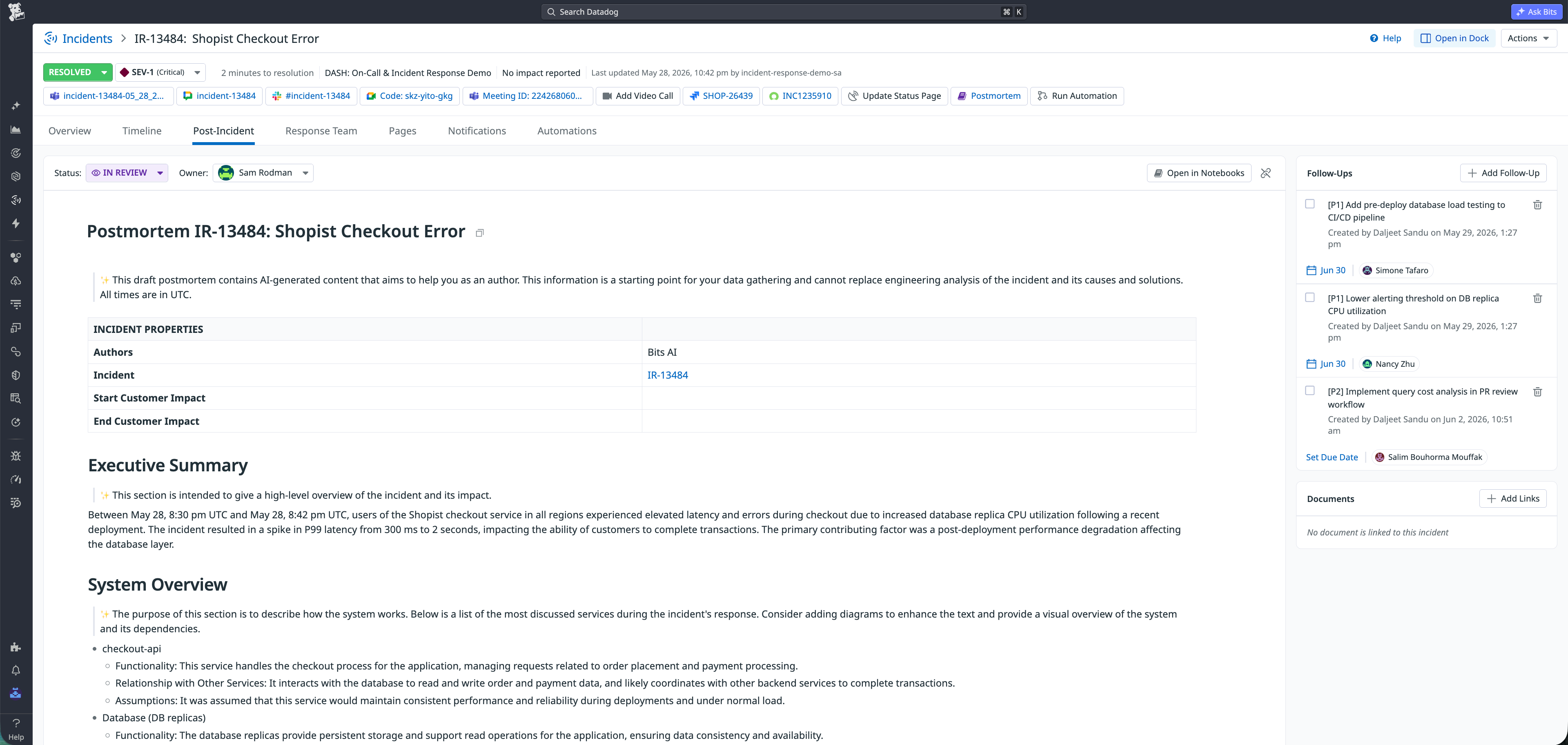 See postmortem owner, completion status, and follow-ups in one view.