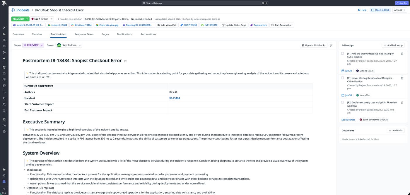 See postmortem owner, completion status, and follow-ups in one view. See postmortem owner, completion status, and follow-ups in one view.