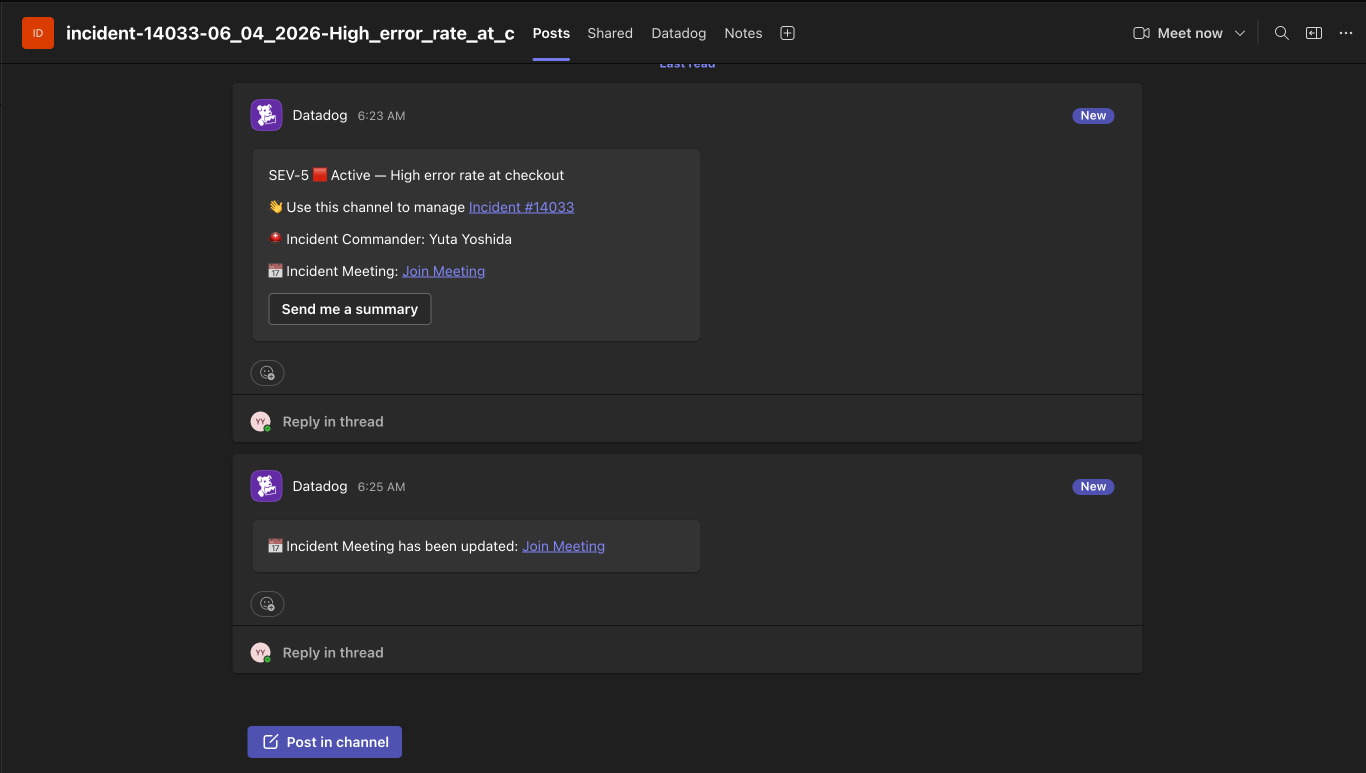 A view showing Microsoft Teams integrations for incidents.