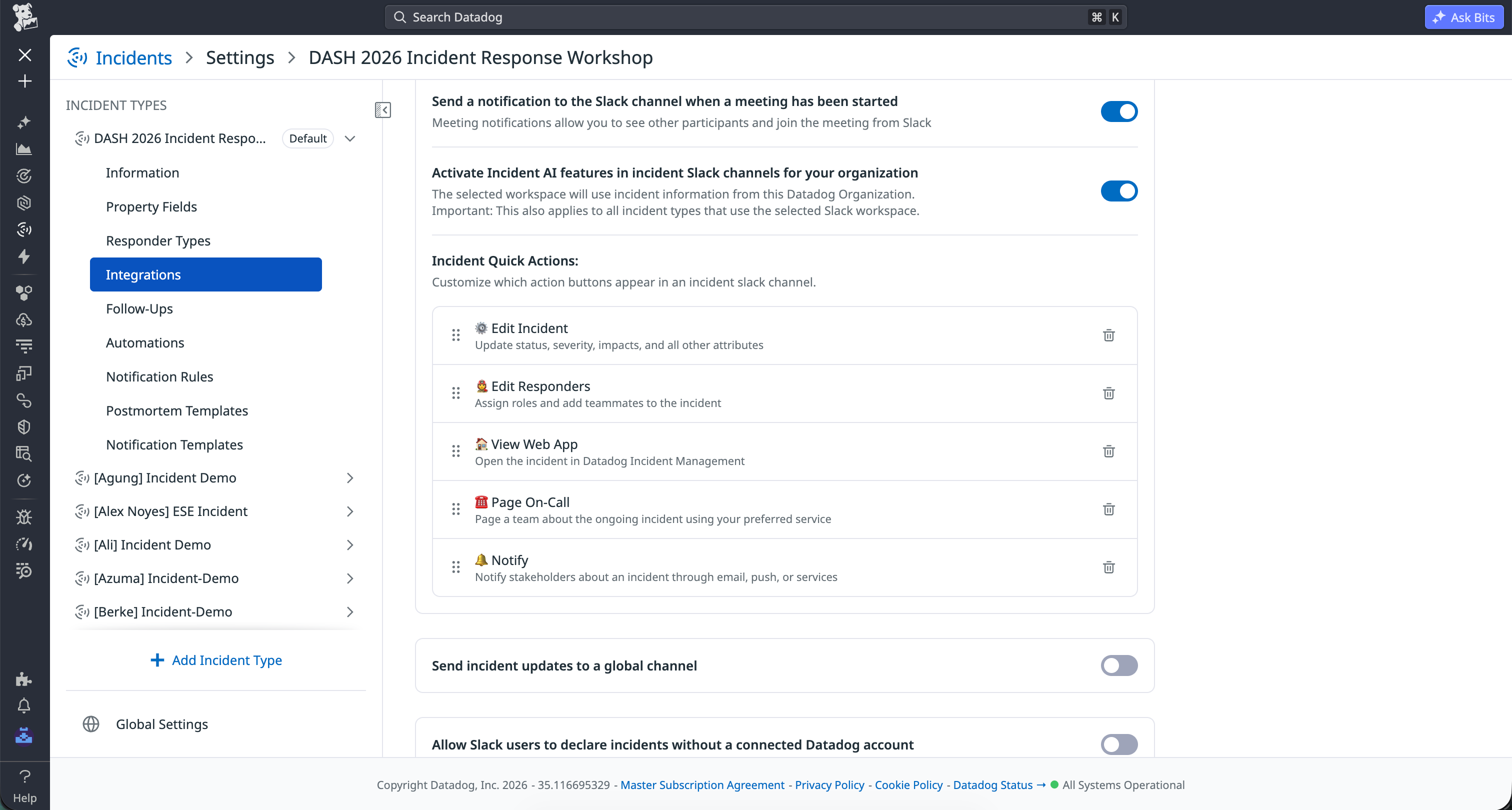 Customize the action buttons shown in an Incident’s Slack channel.