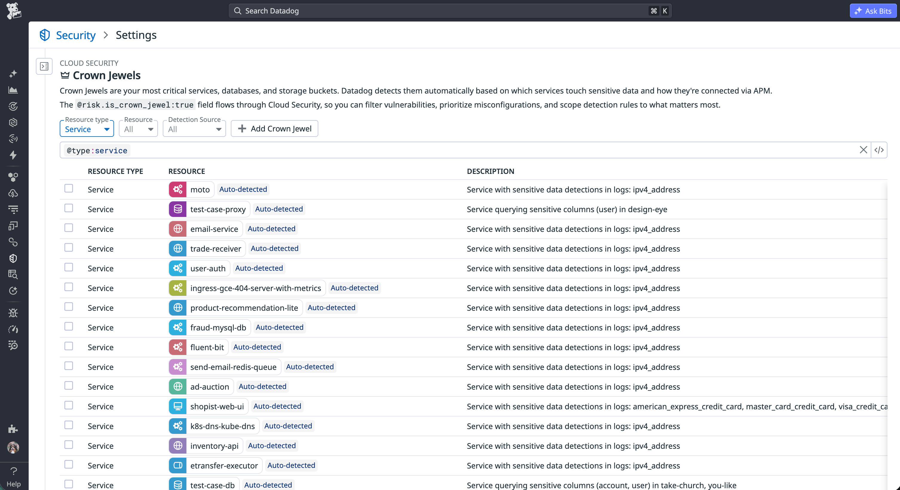 A list of critical services that Datadog Cloud Security will prioritize when generating signals.