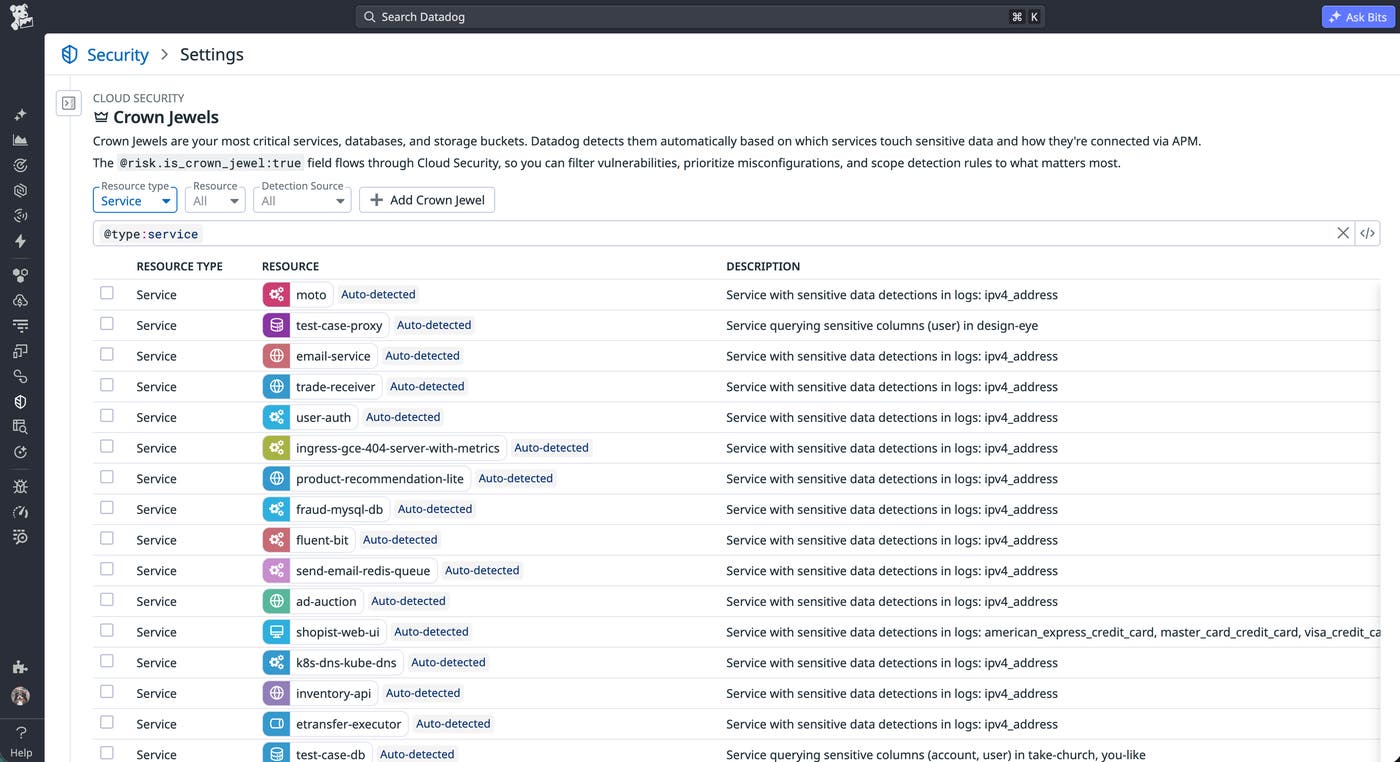A list of critical services that Datadog Cloud Security will prioritize when generating signals. A list of critical services that Datadog Cloud Security will prioritize when generating signals.