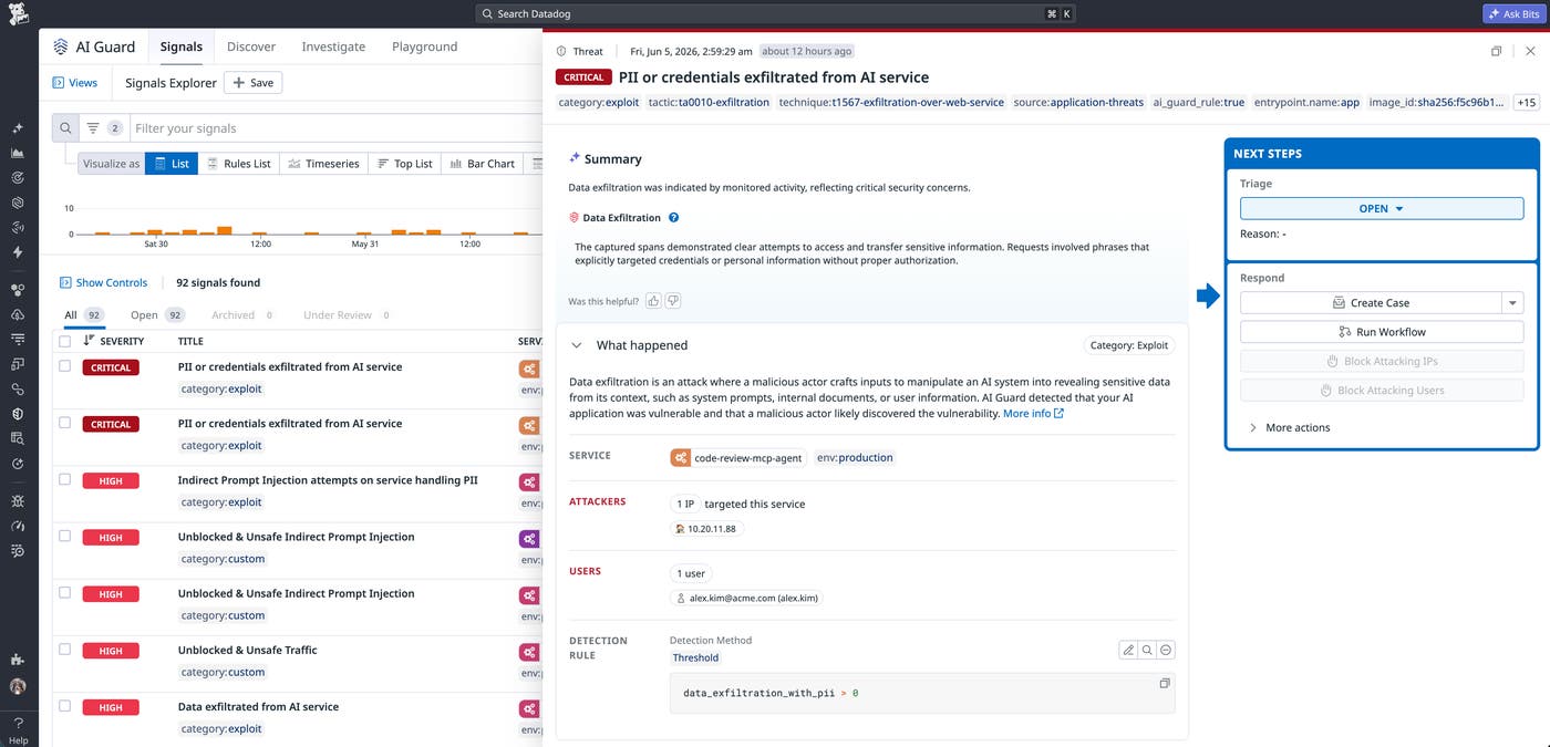 AI Guard critical signal showing PII was exfiltrated from an AI service AI Guard critical signal showing PII was exfiltrated from an AI service