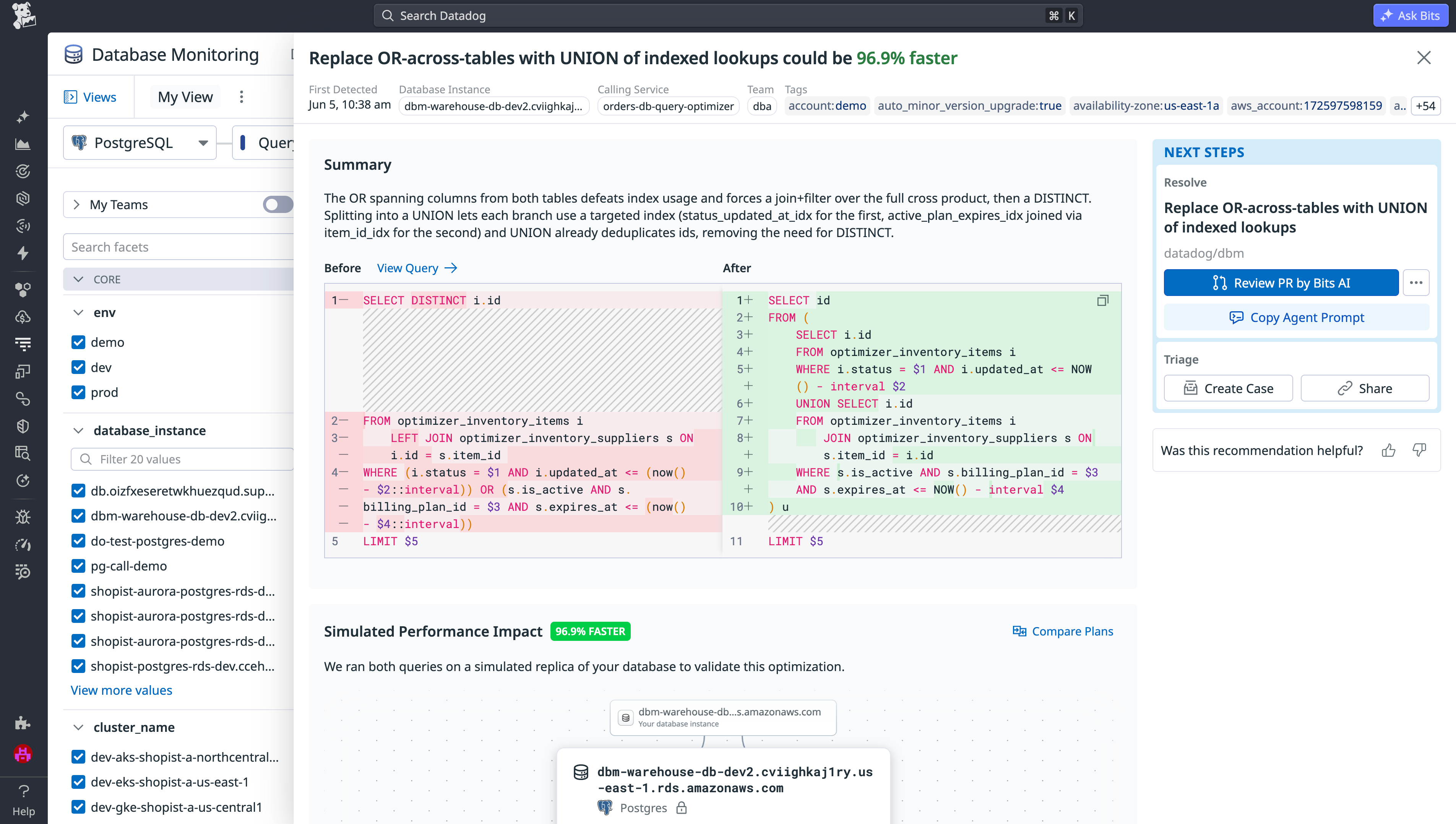 An optimized database query created and presented by Bits Database Optimization, showing suggested changes and related test results for those changes.