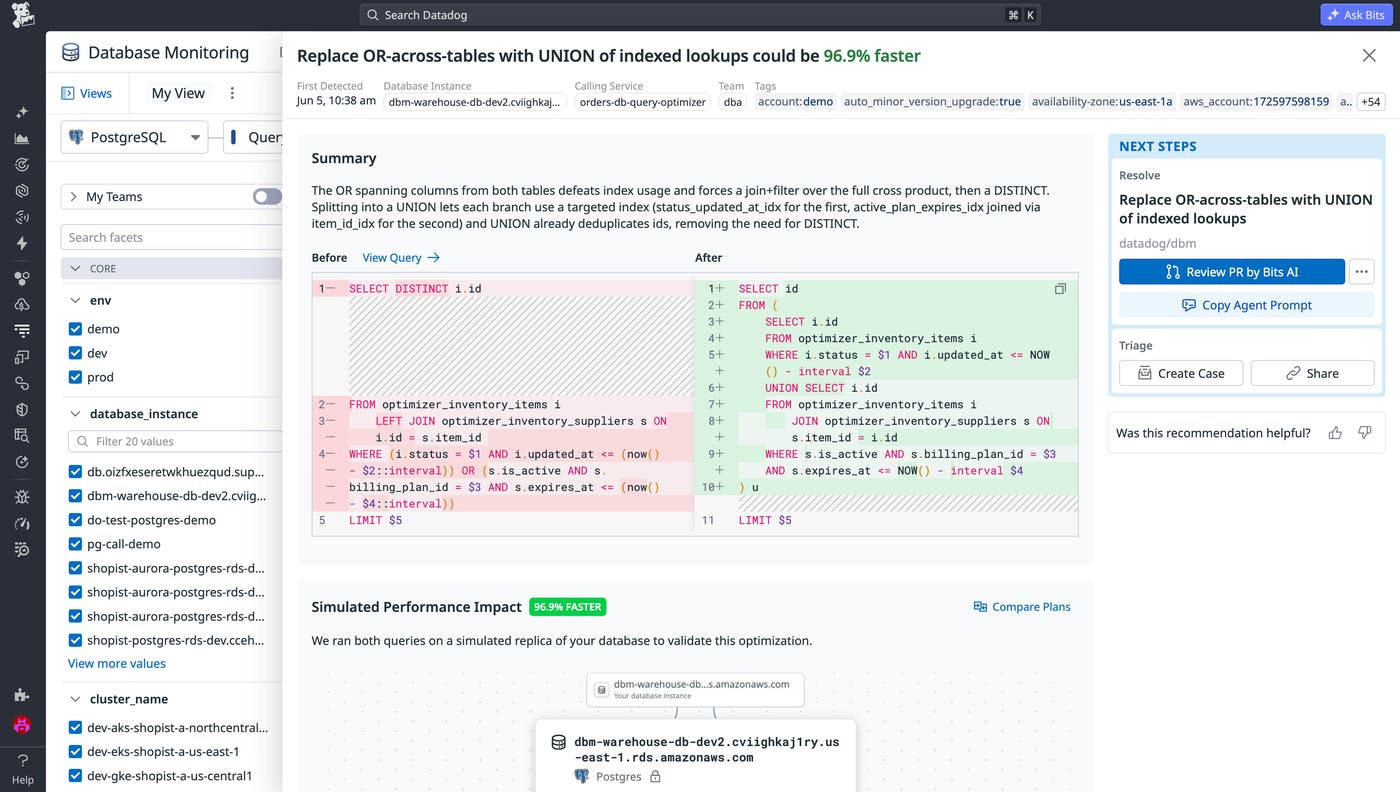 An optimized database query created and presented by Bits Database Optimization, showing suggested changes and related test results for those changes. An optimized database query created and presented by Bits Database Optimization, showing suggested changes and related test results for those changes.