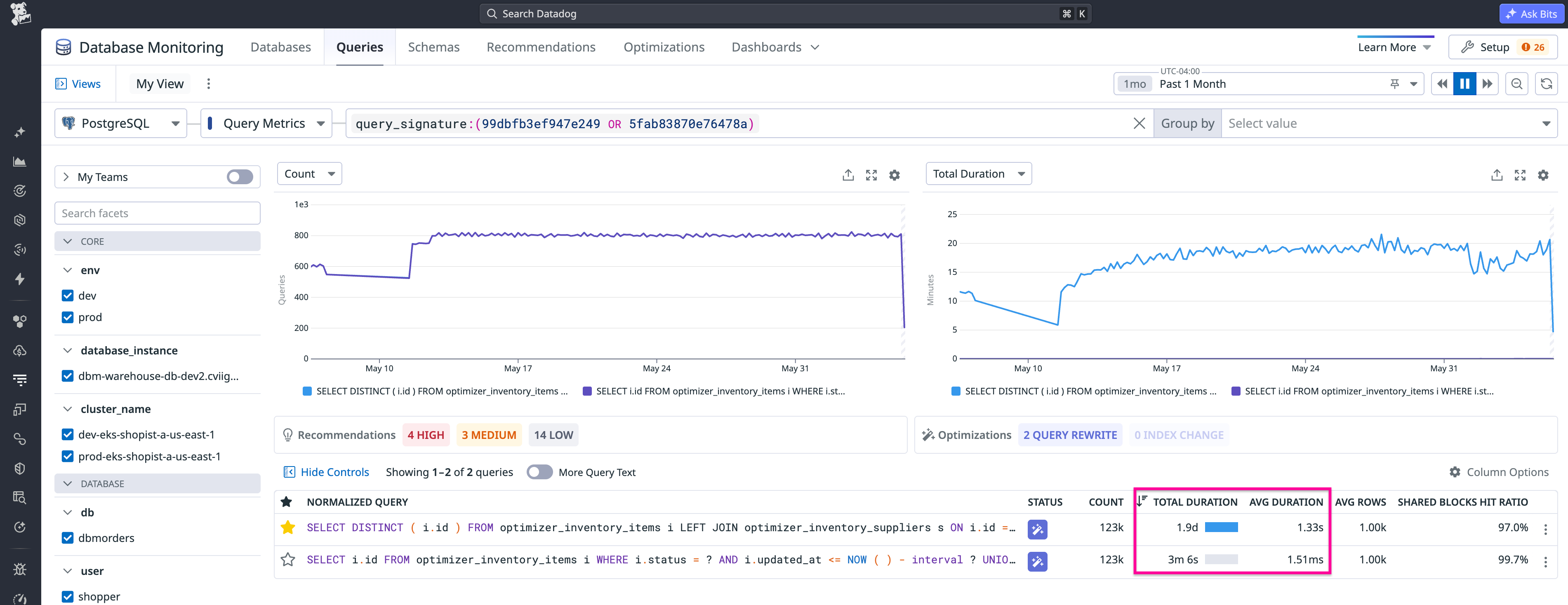 An original query alongside an optimized query by Bits Database Optimization after implementation.