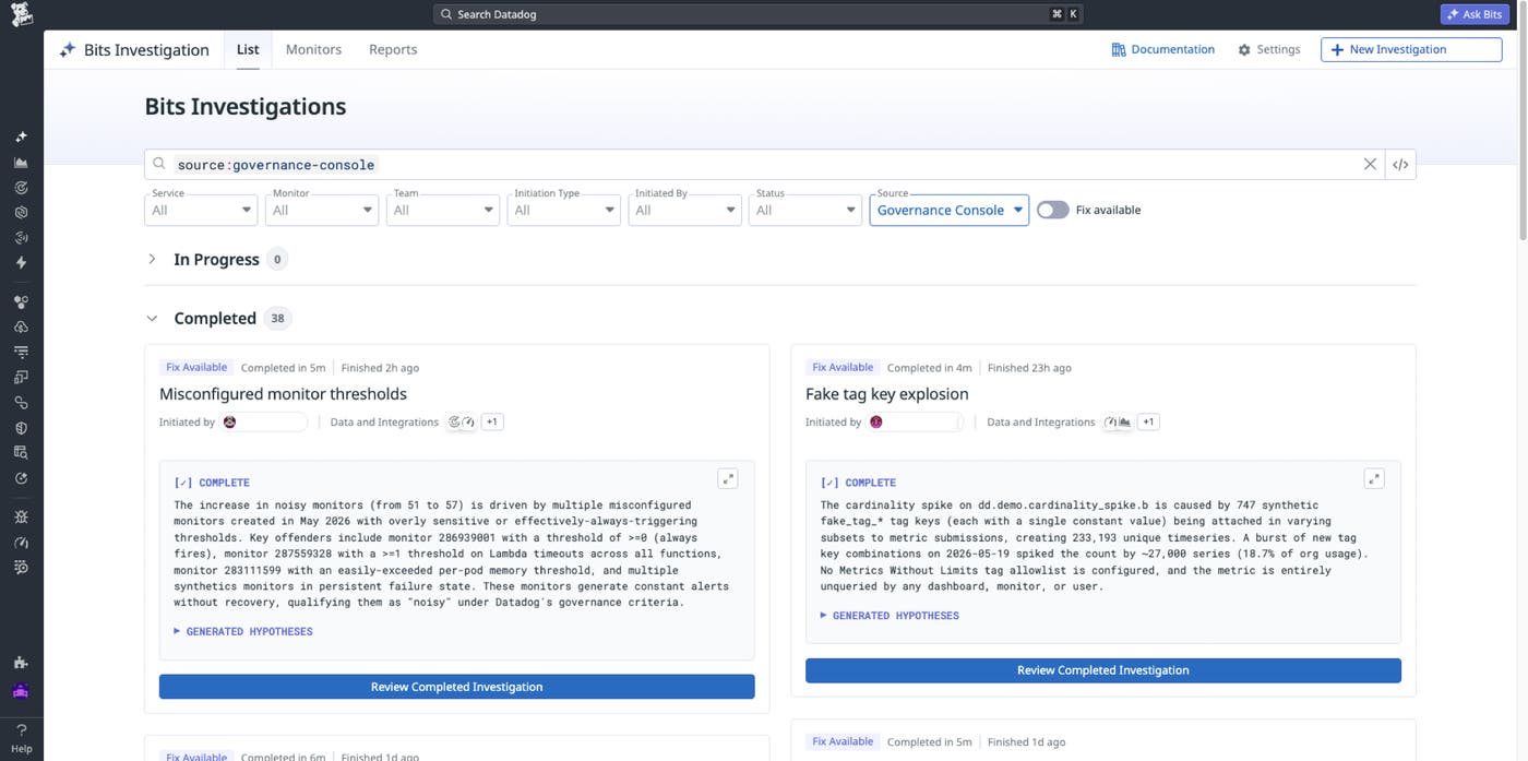 Datadog Bits Investigations list filtered by Governance Console source, showing two completed AI investigations with fixes available. Datadog Bits Investigations list filtered by Governance Console source, showing two completed AI investigations with fixes available.