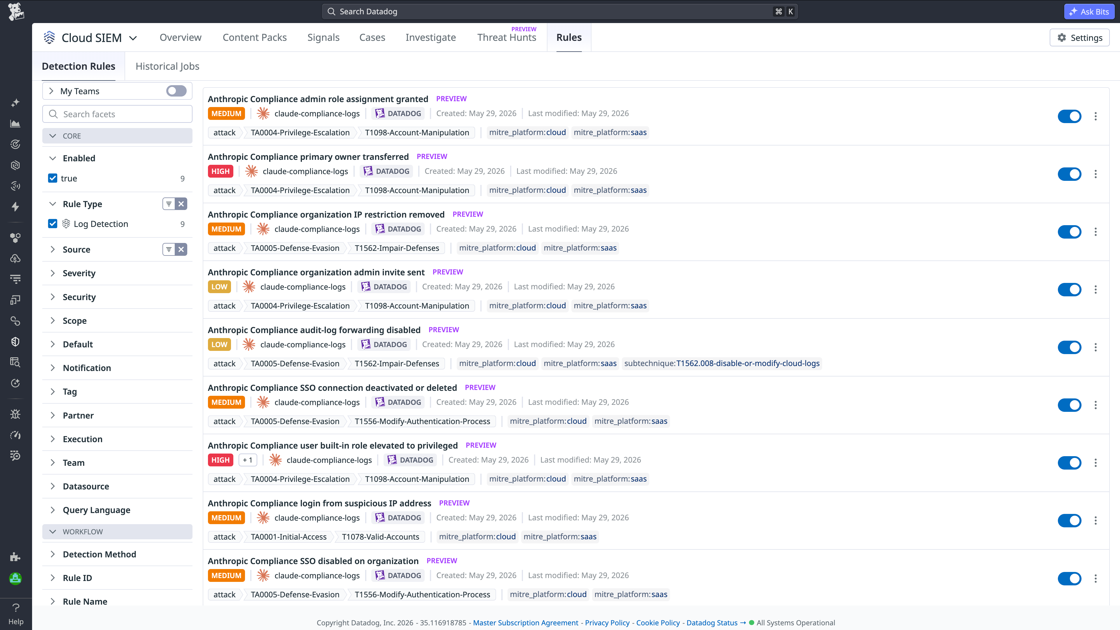 Datadog Cloud SIEM detection rules that automatically flag events collected through the Claude Compliance API.