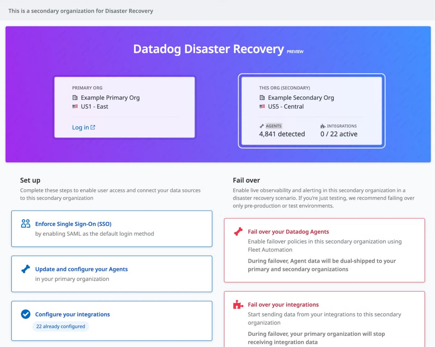 Disaster Recovery setup screen with steps to configure a secondary organization and initiate failover. Disaster Recovery setup screen with steps to configure a secondary organization and initiate failover.