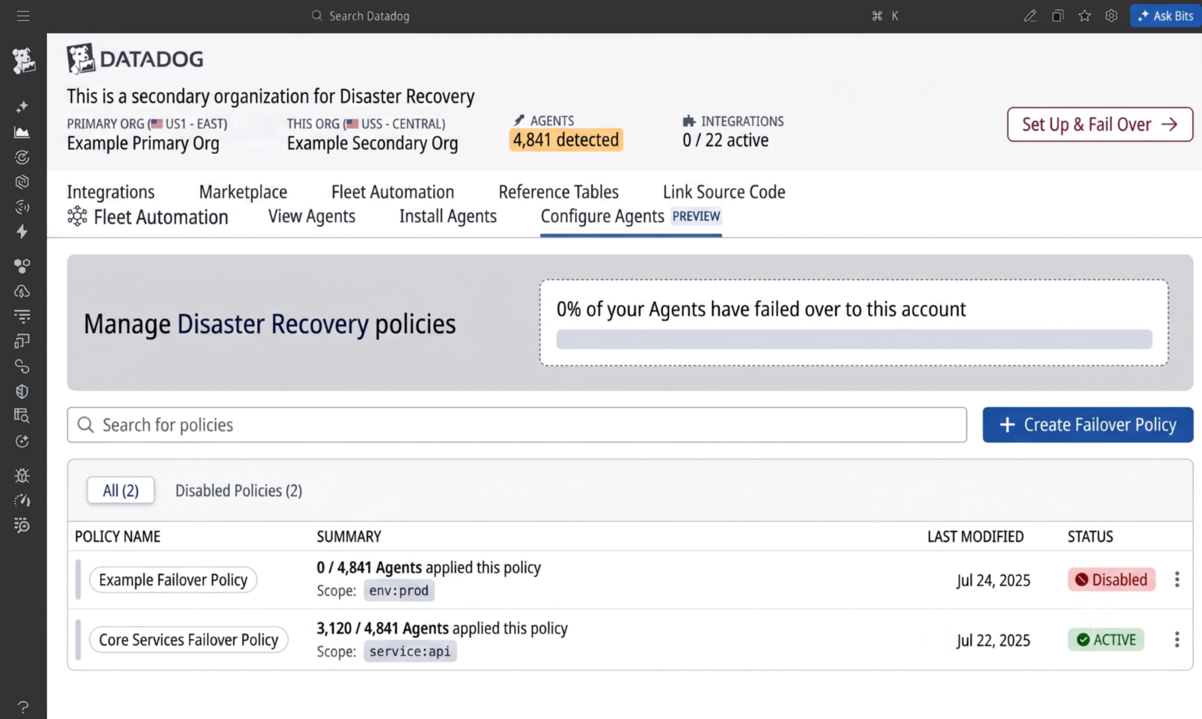 Fleet Automation screen in the secondary organization with two active Disaster Recovery policies and an option to create a new one.