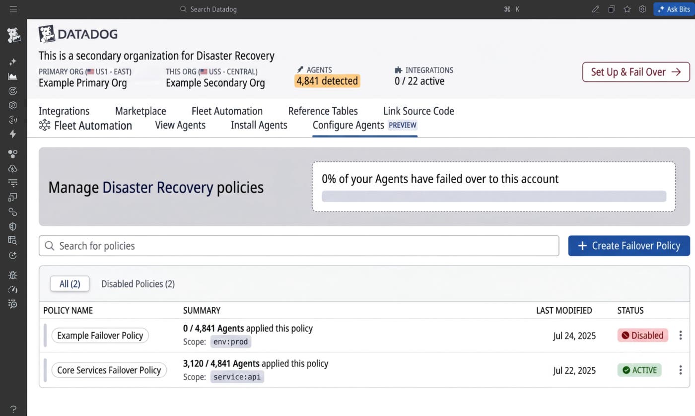 Fleet Automation screen in the secondary organization with two active Disaster Recovery policies and an option to create a new one. Fleet Automation screen in the secondary organization with two active Disaster Recovery policies and an option to create a new one.