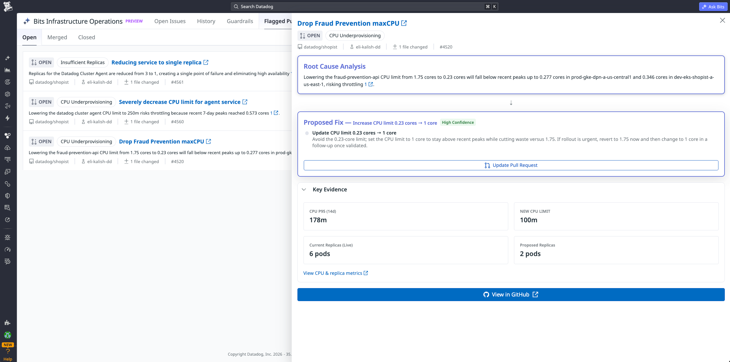 Bits Infrastructure Operations flags a pull request and suggests a fix that the user can quickly open and commit on GitHub..