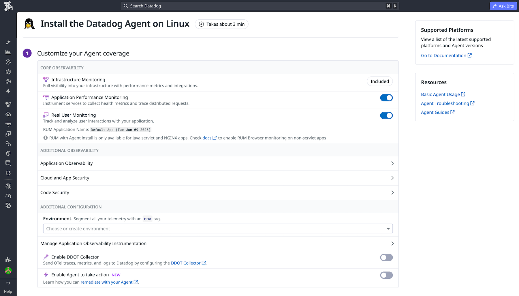 Enable RUM on NGINX-served web apps during agent installations on Linux.
