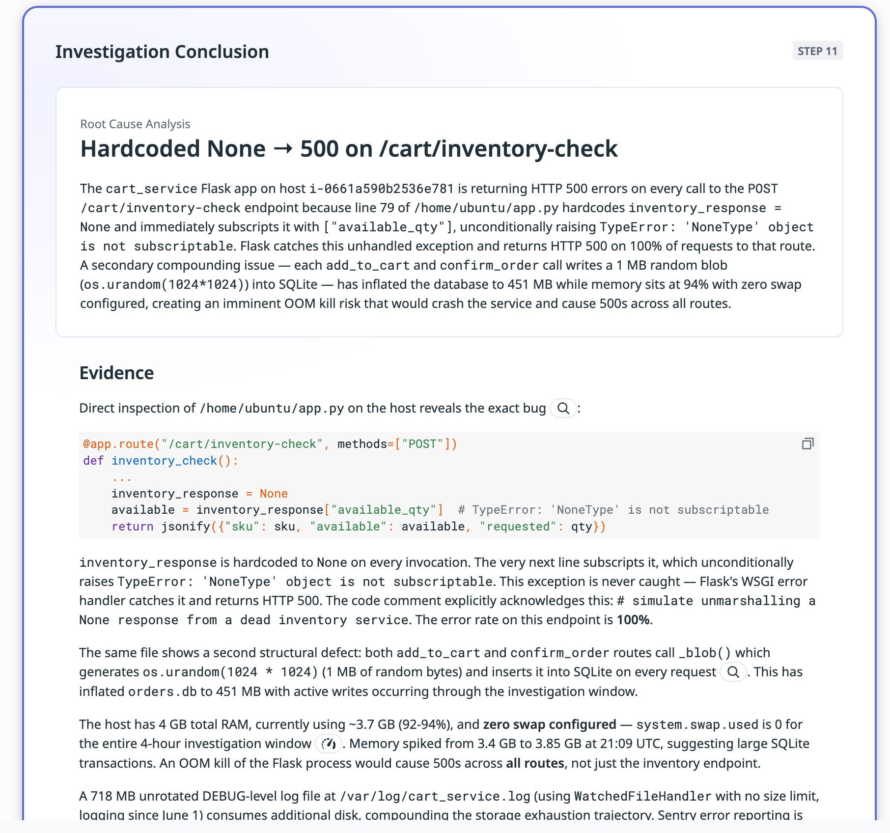 A root cause analysis investigation through the Datadog Agent MCP.