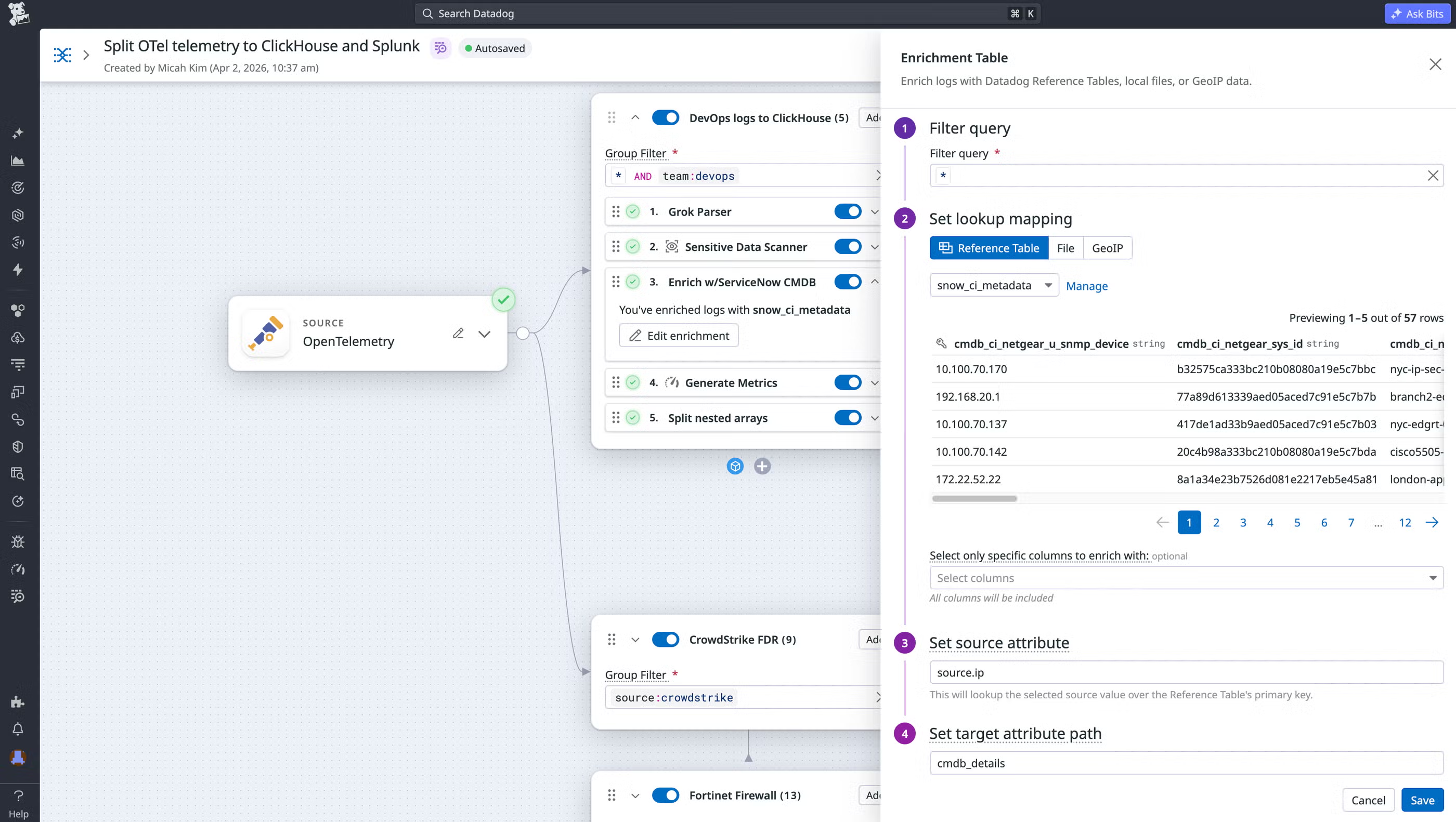 Observability Pipelines pipeline editor routing OpenTelemetry logs to ClickHouse and Splunk, with an enrichment table configuration panel open.