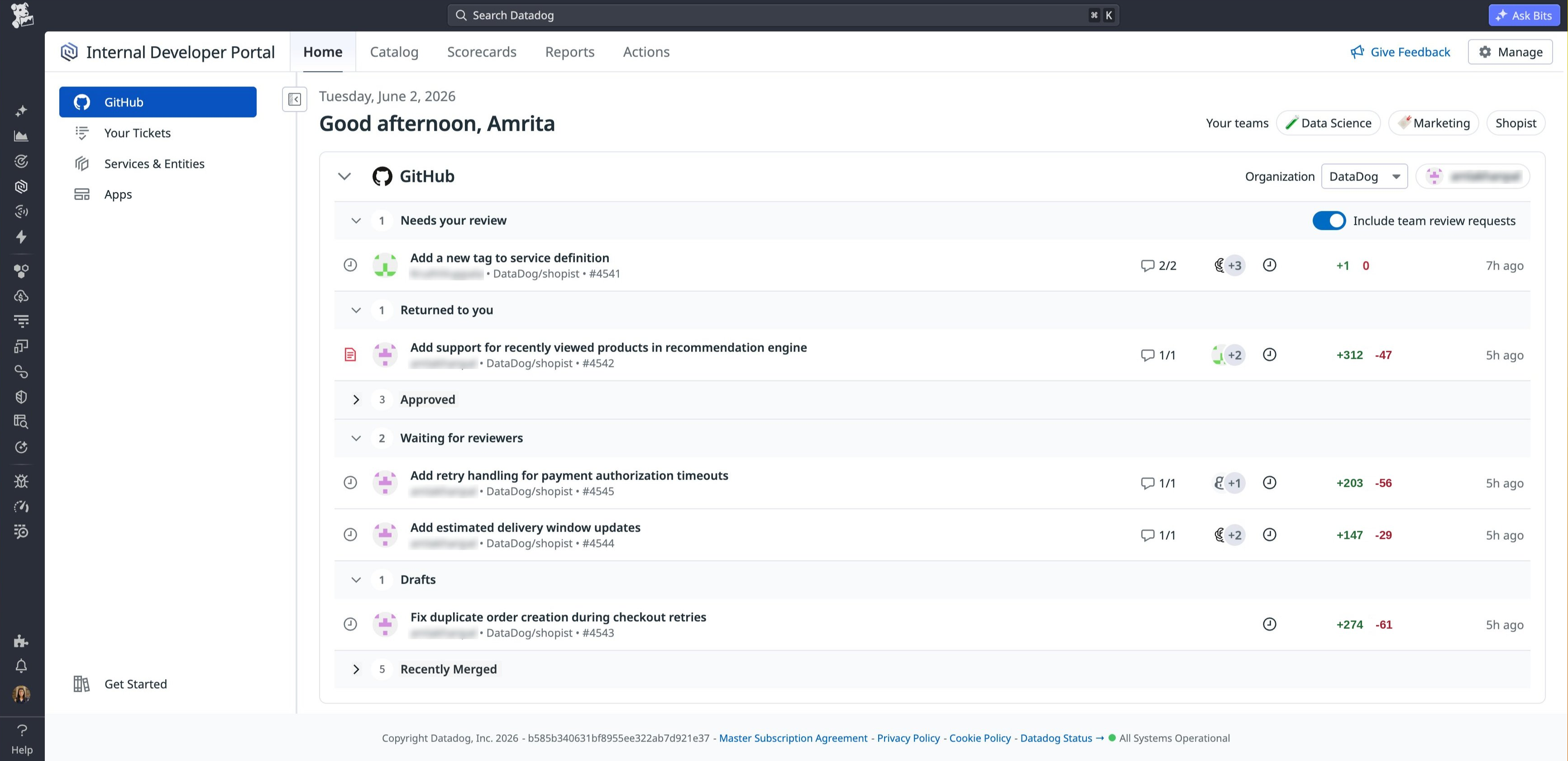 Internal Developer Portal Homepage showing a personalized view of GitHub pull requests awaiting review and Jira tickets, giving a developer a unified summary of their pending work.